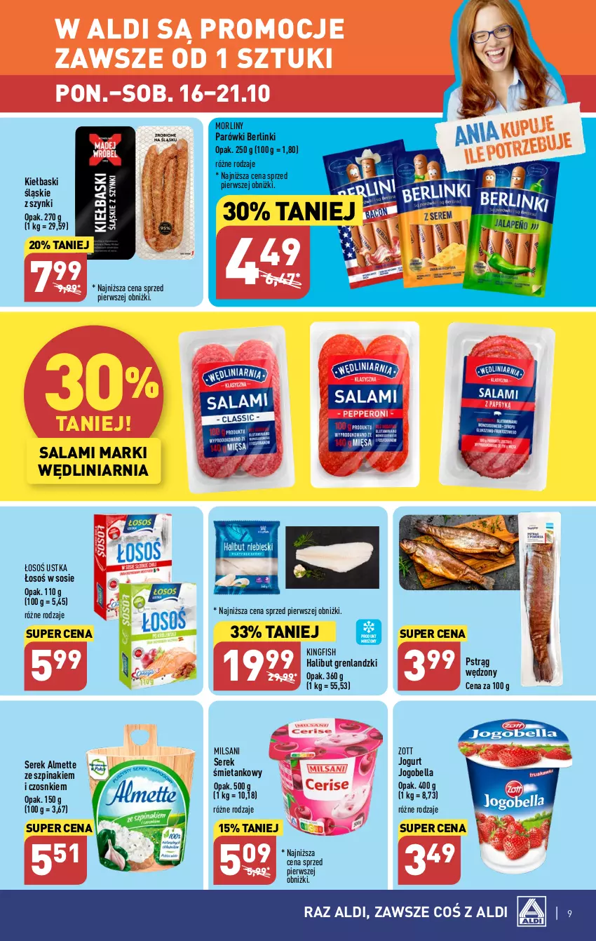 Gazetka promocyjna Aldi - Pełna oferta - ważna 16.10 do 21.10.2023 - strona 9 - produkty: Almette, Bell, Bella, Berlinki, Halibut, Jogobella, Jogurt, Kiełbaski śląskie, Morliny, Parówki, Pstrąg, Pstrąg wędzony, Salami, Ser, Serek, Sos, Szpinak, Zott