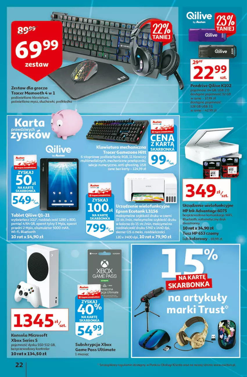 Gazetka promocyjna Auchan - Jesienne hiperokazje Hipermarkety - ważna 04.11 do 10.11.2021 - strona 22 - produkty: Acer, Gra, HP, Klawiatura, Konsola, Kontroler, LANA, Mysz, Pendrive, Podkład, Podkładka, Ser, Słuchawki, Tusz, Urządzenie wielofunkcyjne, Xbox