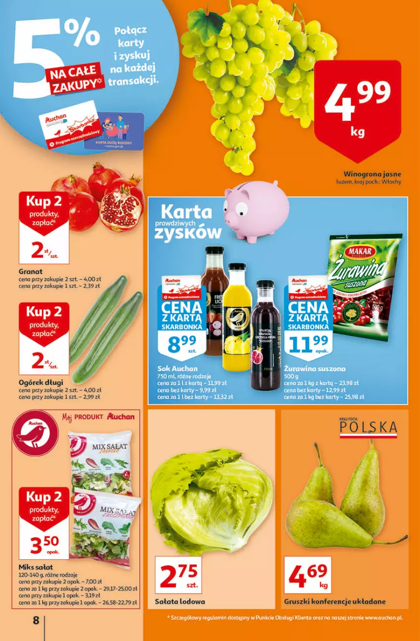 Gazetka promocyjna Auchan - Jesienne hiperokazje Hipermarkety - ważna 04.11 do 10.11.2021 - strona 8 - produkty: Fa, Gra, Granat, Gruszki, Ogórek, Sałat, Sałata lodowa, Sok, Wino, Winogrona