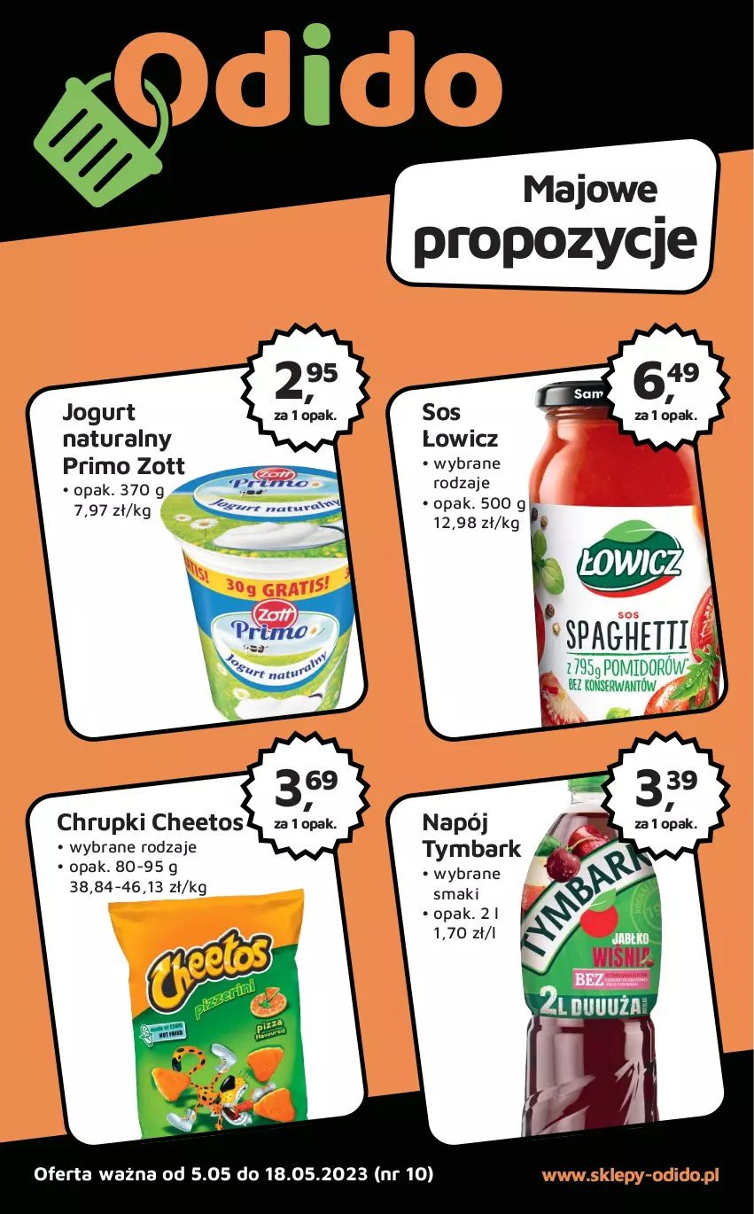 Gazetka promocyjna Odido - Gazetka - ważna 05.05 do 18.05.2023 - strona 1 - produkty: Cheetos, Chrupki, Jogurt, Jogurt naturalny, Napój, Sos, Tymbark, Zott