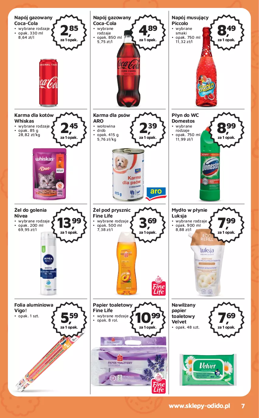 Gazetka promocyjna Odido - Gazetka - ważna 05.05 do 18.05.2023 - strona 7 - produkty: Coca-Cola, Domestos, Drób, Folia aluminiowa, Luksja, Mus, Mydło, Mydło w płynie, Napój, Napój gazowany, Napój musujący, Nawilżany papier, Nivea, Papier, Papier toaletowy, Płyn do wc, Velvet, Whiskas, Wołowina