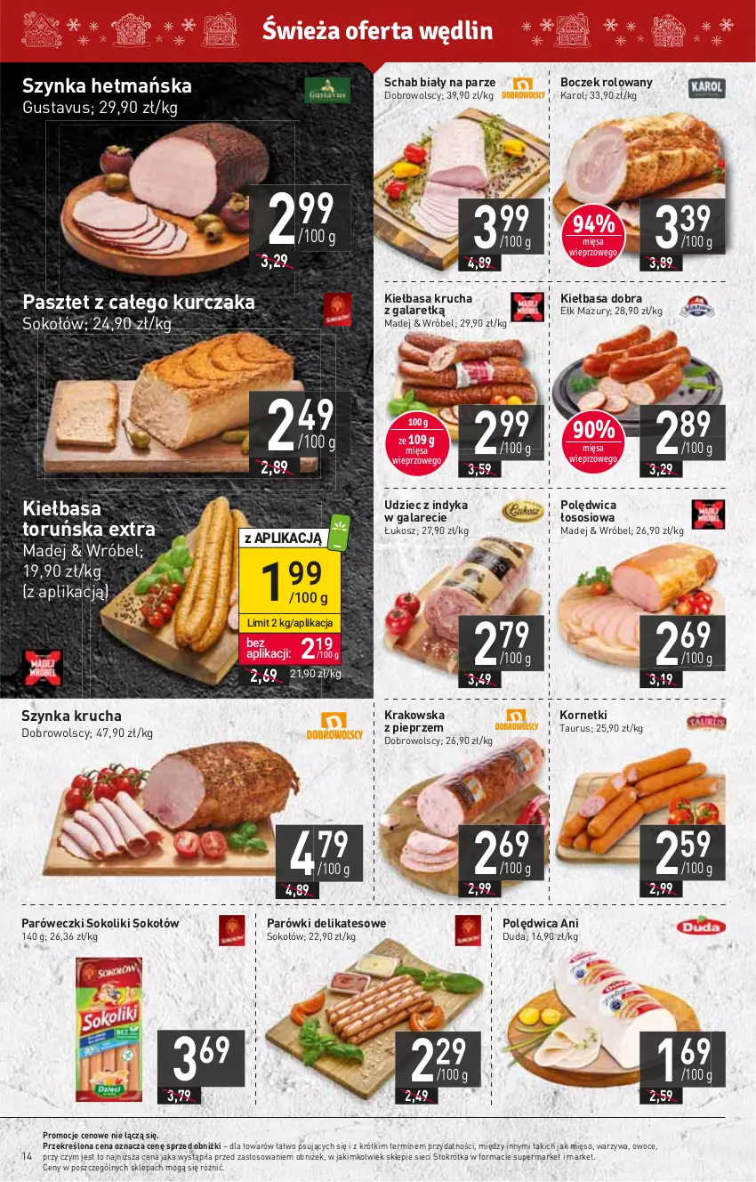 Gazetka promocyjna Stokrotka - Supermarket - ważna 14.12 do 20.12.2023 - strona 14 - produkty: Boczek, Duda, Gala, HP, Kiełbasa, Kiełbasa krucha, Kosz, Kurczak, Mięso, Owoce, Parówki, Pasztet, Pieprz, Polędwica, Sok, Sokołów, Sos, Szynka, Udziec z indyka, Udziec z indyka w galarecie, Warzywa