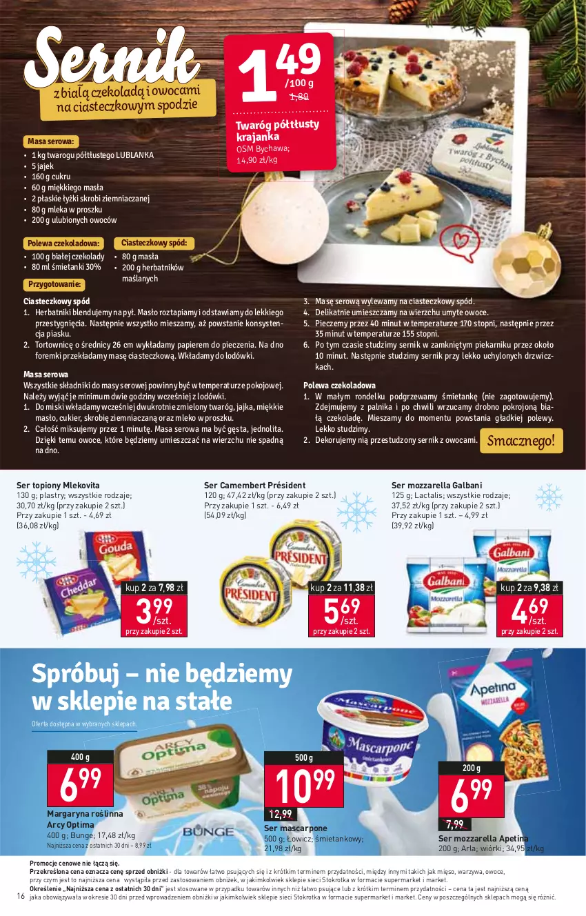 Gazetka promocyjna Stokrotka - Supermarket - ważna 14.12 do 20.12.2023 - strona 16 - produkty: Camembert, Galbani, Margaryna, Mascarpone, Mięso, Mleko, Mlekovita, Mozzarella, Optima, Owoce, Président, Ser, Ser topiony, Sos, Top, Warzywa