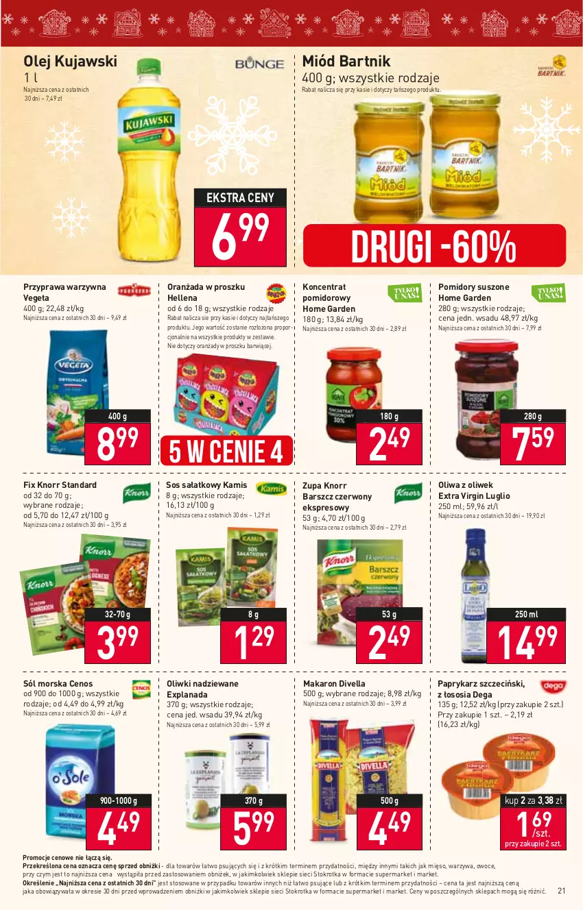 Gazetka promocyjna Stokrotka - Supermarket - ważna 14.12 do 20.12.2023 - strona 21 - produkty: Cenos, Dega, Gin, Hellena, Kamis, Knorr, Koncentrat pomidorowy, Kujawski, LANA, Makaron, Mięso, Miód, Olej, Oliwa z oliwek, Oliwki, Oranżada, Owoce, Papryka, Paprykarz, Paprykarz szczeciński, Pomidory, Por, Sałat, Sól, Sos, Vegeta, Warzywa, Zupa