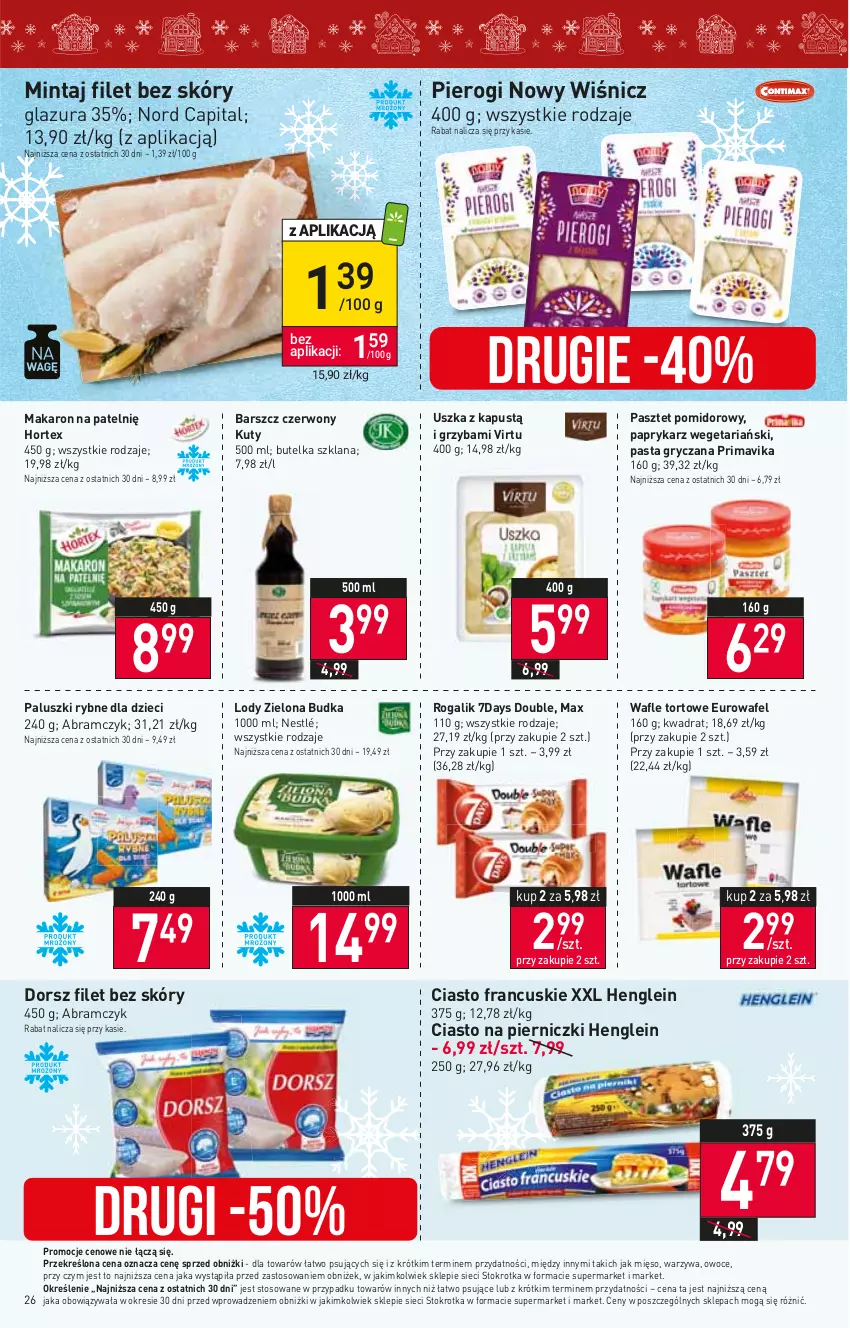 Gazetka promocyjna Stokrotka - Supermarket - ważna 14.12 do 20.12.2023 - strona 26 - produkty: Ciasto francuskie, Dorsz, Dzieci, Glazura, Gry, Hortex, Kapustą, LANA, Lazur, Lody, Makaron, Mięso, Mintaj, Nestlé, Owoce, Paluszki rybne, Papryka, Paprykarz, Pasztet, Pierogi, Prima, Primavika, Rogal, Virtu, Wafle, Wafle tortowe, Warzywa, Zielona Budka