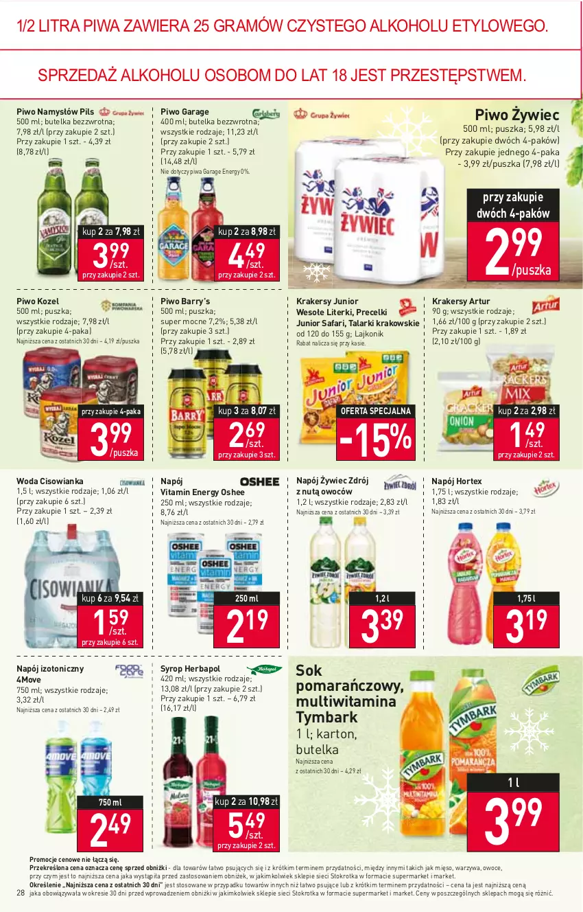 Gazetka promocyjna Stokrotka - Supermarket - ważna 14.12 do 20.12.2023 - strona 28 - produkty: Artur, Cisowianka, Fa, Gra, Herbapol, Hortex, Kozel, Krakersy, Lajkonik, Mięso, Namysłów, Napój, Napój izotoniczny, Oshee, Owoce, Piwa, Piwo, Precelki, Sok, Sok pomarańczowy, Syrop, Tymbark, Warzywa, Woda