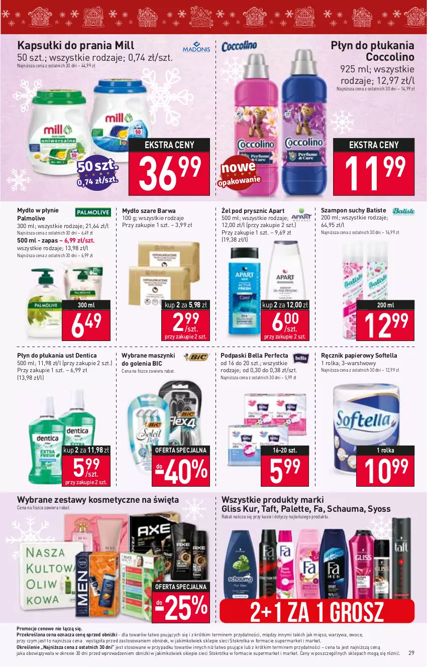 Gazetka promocyjna Stokrotka - Supermarket - ważna 14.12 do 20.12.2023 - strona 29 - produkty: Batiste, Bell, Bella, BIC, Coccolino, Fa, Gliss Kur, Kapsułki do prania, Mięso, Mydło, Mydło w płynie, Owoce, Palette, Palmolive, Papier, Perfecta, Płyn do płukania, Podpaski, Ręcznik, Schauma, Syoss, Szampon, Taft, Warzywa