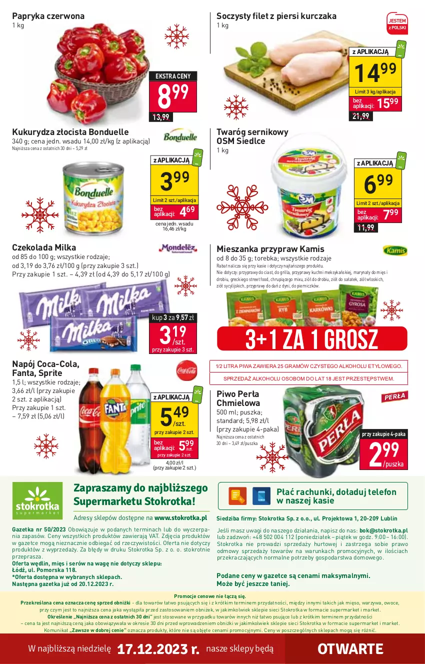 Gazetka promocyjna Stokrotka - Supermarket - ważna 14.12 do 20.12.2023 - strona 32 - produkty: Bonduelle, Coca-Cola, Czekolada, Fa, Fanta, Filet z piersi kurczaka, Gra, Grill, Kamis, Kukurydza, Kurczak, Mięso, Milka, Napój, O nas, Owoce, Papryka, Papryka czerwona, Perła, Piwa, Piwo, Przyprawy, Sałat, Ser, Sprite, Telefon, Torebka, Twaróg, Wagi, Warzywa