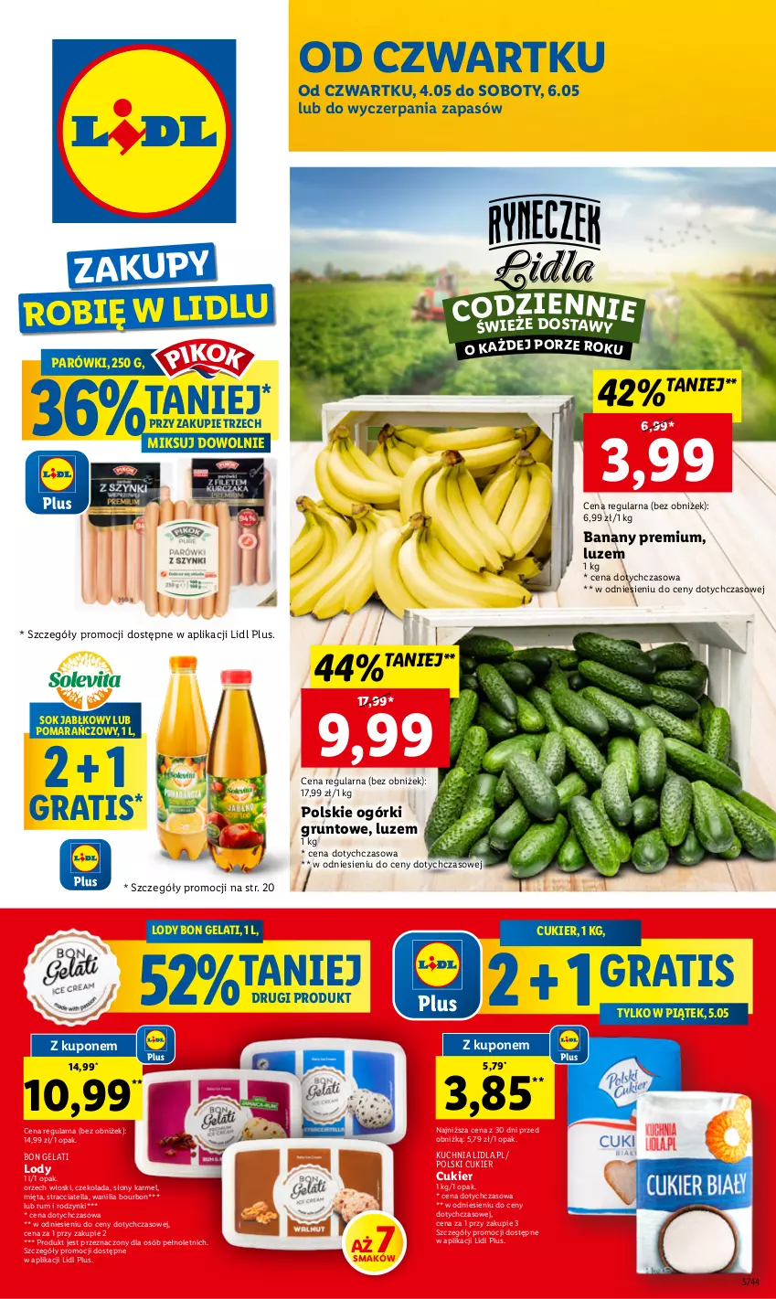 Gazetka promocyjna Lidl - GAZETKA - ważna 04.05 do 06.05.2023 - strona 1 - produkty: Banany, Bourbon, Cukier, Czekolada, Gra, Grunt, Kuchnia, Lody, Mięta, Parówki, Por, Rodzynki, Rum, Sok, Sok jabłkowy