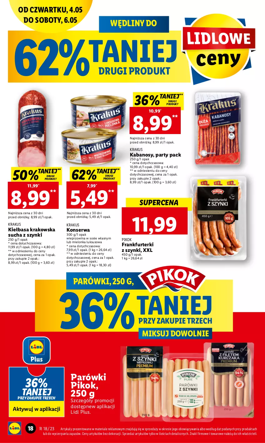 Gazetka promocyjna Lidl - GAZETKA - ważna 04.05 do 06.05.2023 - strona 26 - produkty: Frankfurterki, Kabanos, Kiełbasa, Kiełbasa krakowska, Krakus, Parówki, PIKOK, Ser, Sos, Wieprzowina