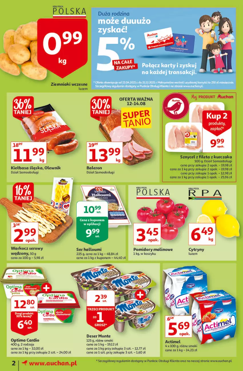 Gazetka promocyjna Auchan - Rysuje się dla każdego coś supertaniego Moje Auchan - ważna 12.08 do 18.08.2021 - strona 2 - produkty: Actimel, Cytryny, Deser, Kiełbasa, Kiełbasa śląska, Koc, Kosz, Kurczak, Monte, Olewnik, Optima, Optima Cardio, Pomidory, Ser, Tran