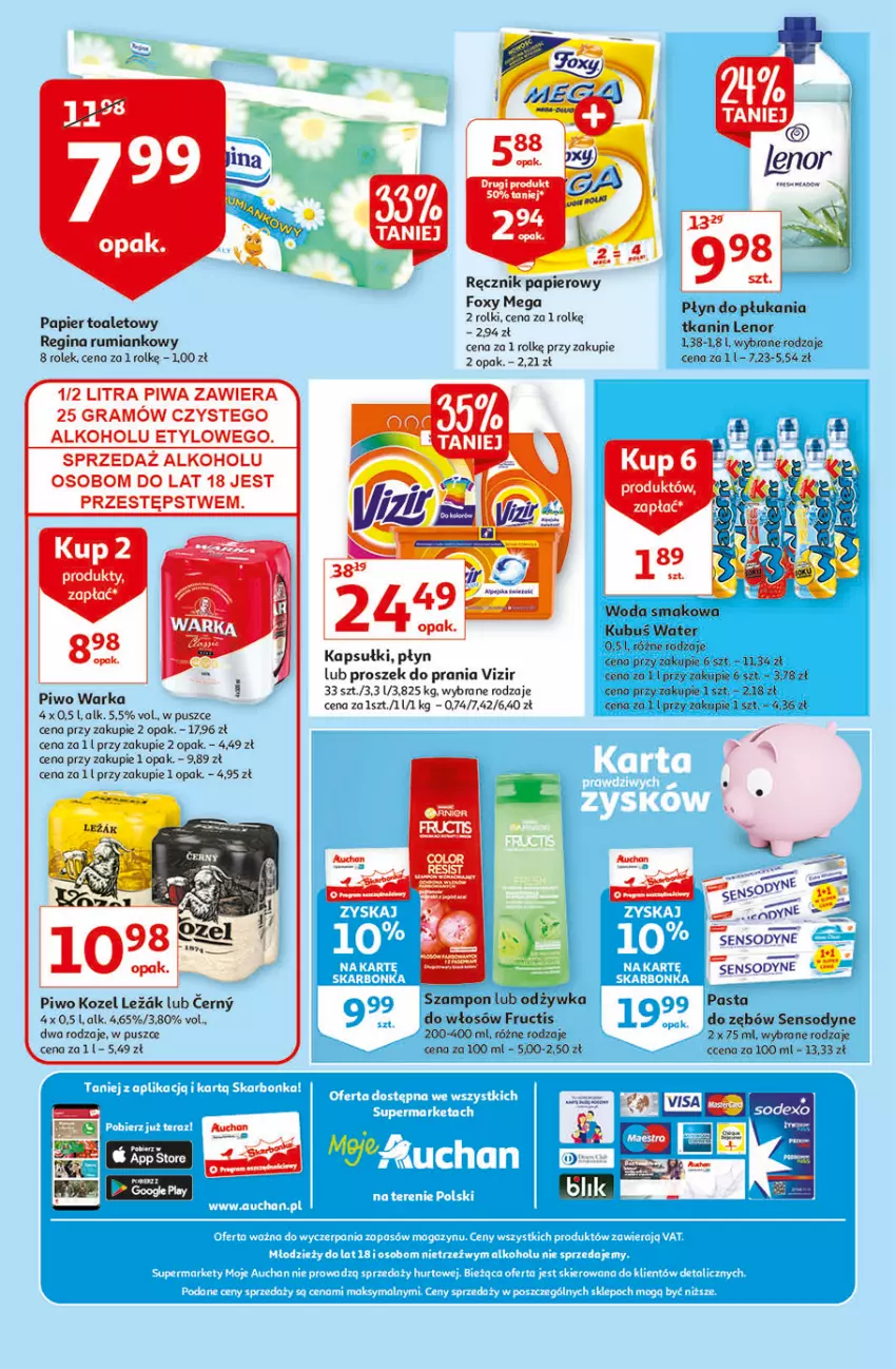 Gazetka promocyjna Auchan - Rysuje się dla każdego coś supertaniego Moje Auchan - ważna 12.08 do 18.08.2021 - strona 4 - produkty: Fructis, Gin, Gra, Kozel, Kubuś, Lenor, Odżywka, Papier, Papier toaletowy, Piwa, Piwo, Proszek do prania, Ręcznik, Rum, Sensodyne, Szampon, Vizir, Woda