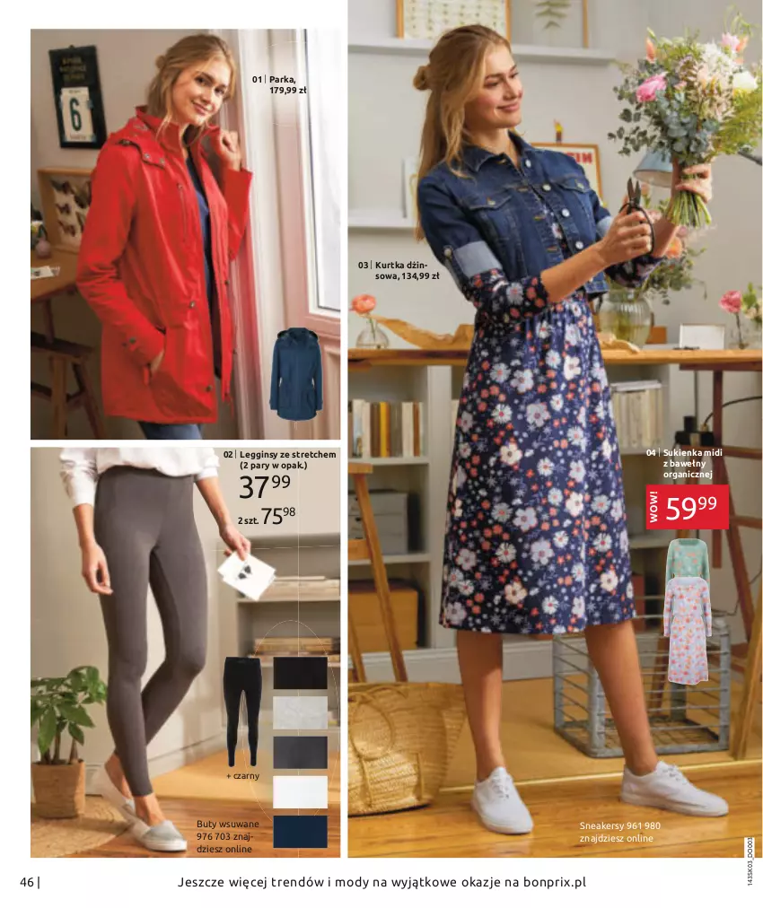 Gazetka promocyjna Bonprix - Wiosenna moda - ważna 26.02 do 26.08.2021 - strona 48 - produkty: Buty, Gin, Kurtka, Legginsy, Parka, Sneakersy, Sukienka