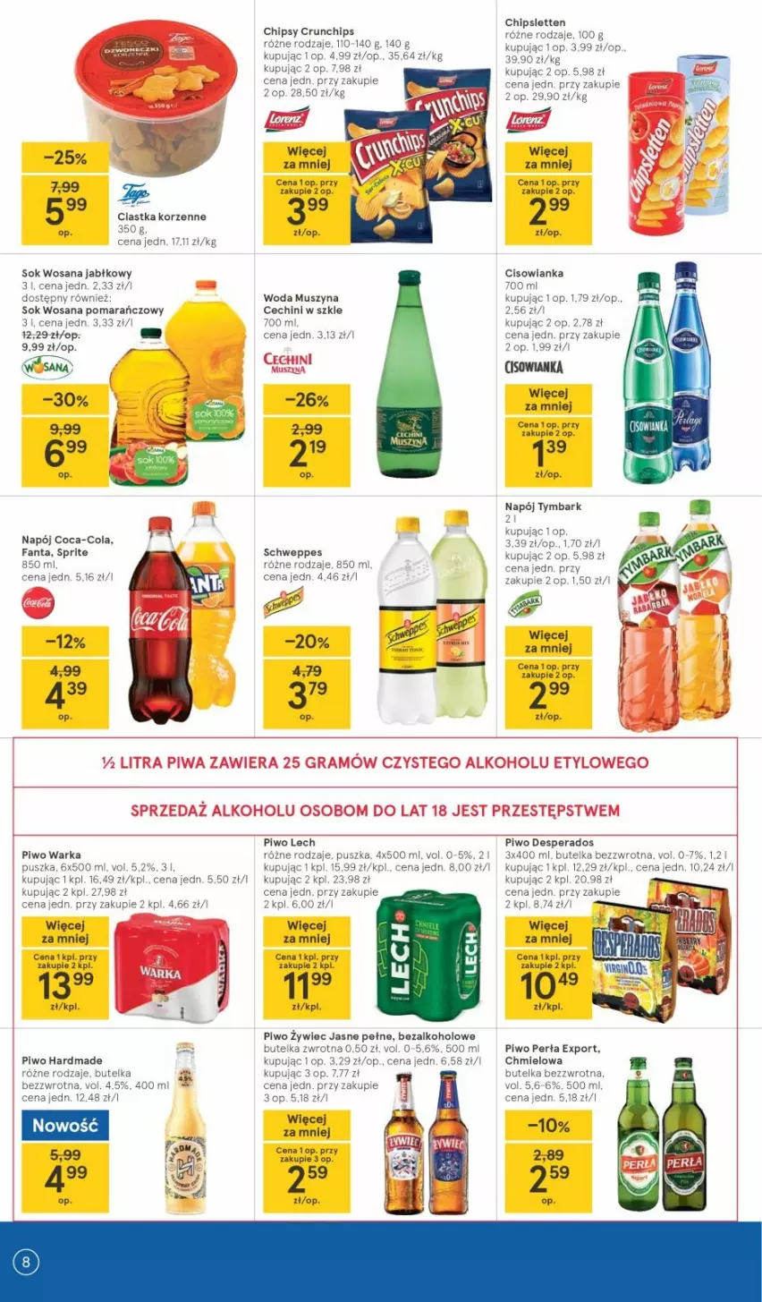 Gazetka promocyjna Tesco - Tesco gazetka - przyszły tydzień - ważna 13.05 do 19.05.2021 - strona 8 - produkty: Chipsy, Ciastka, Cisowianka, Coca-Cola, Crunchips, Desperados, Fa, Fanta, Gra, Mus, Napój, Perła, Piwa, Piwo, Por, Schweppes, Sok, Sprite, Szyna, Tymbark, Warka, Woda, Wosana