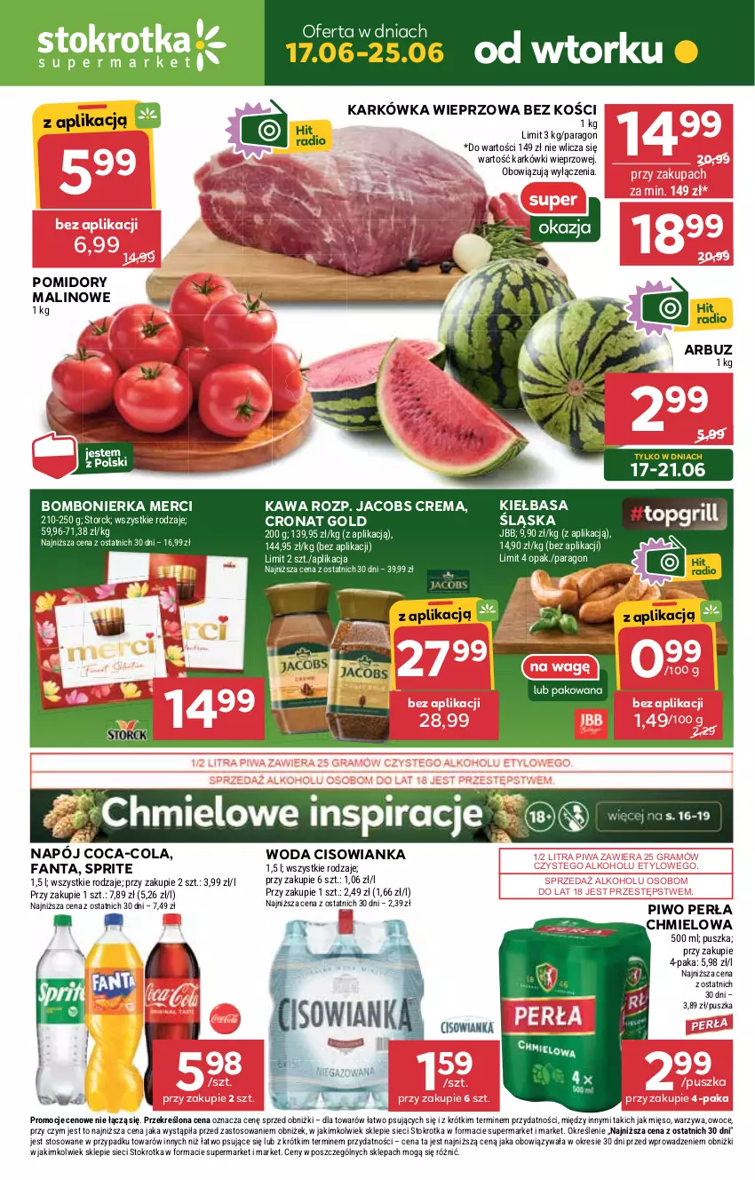 Gazetka promocyjna Stokrotka - Supermarket - ważna 17.06 do 25.06.2025 - strona 1 - produkty: Arbuz, Cisowianka, Coca-Cola, Fa, Fanta, Gra, Jacobs, Karkówka wieprzowa, Kawa, Kiełbasa, Kiełbasa śląska, Merci, Mięso, Napój, Owoce, Perła, Piwa, Piwo, Pomidory, Sprite, Warzywa, Woda