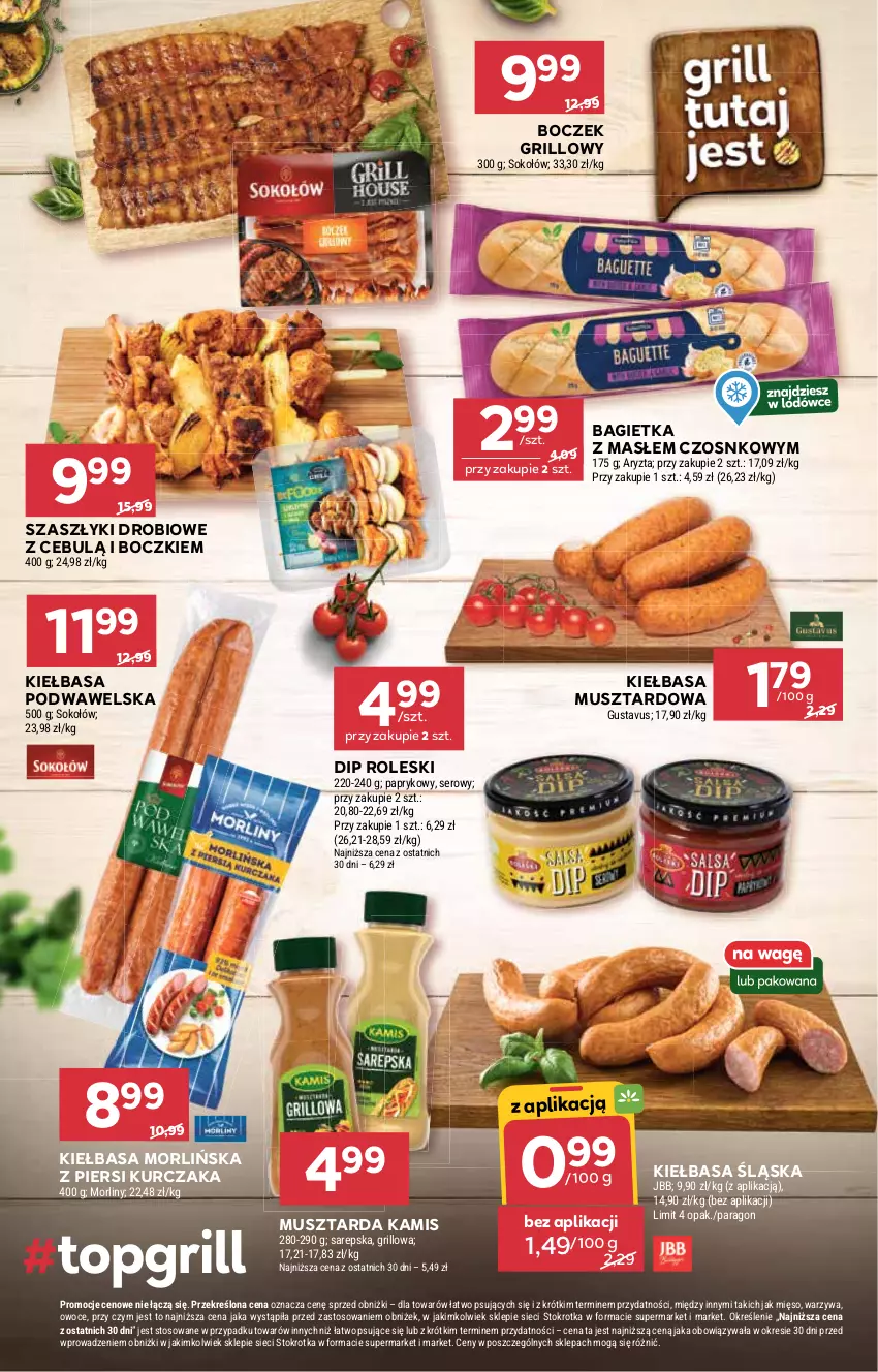 Gazetka promocyjna Stokrotka - Supermarket - ważna 17.06 do 25.06.2025 - strona 10 - produkty: Bagietka, Boczek, Grill, Kamis, Kiełbasa, Kiełbasa podwawelska, Kiełbasa śląska, Kurczak, Mięso, Morliny, Mus, Musztarda, Owoce, Ser, Sok, Sokołów, Warzywa, Wawel