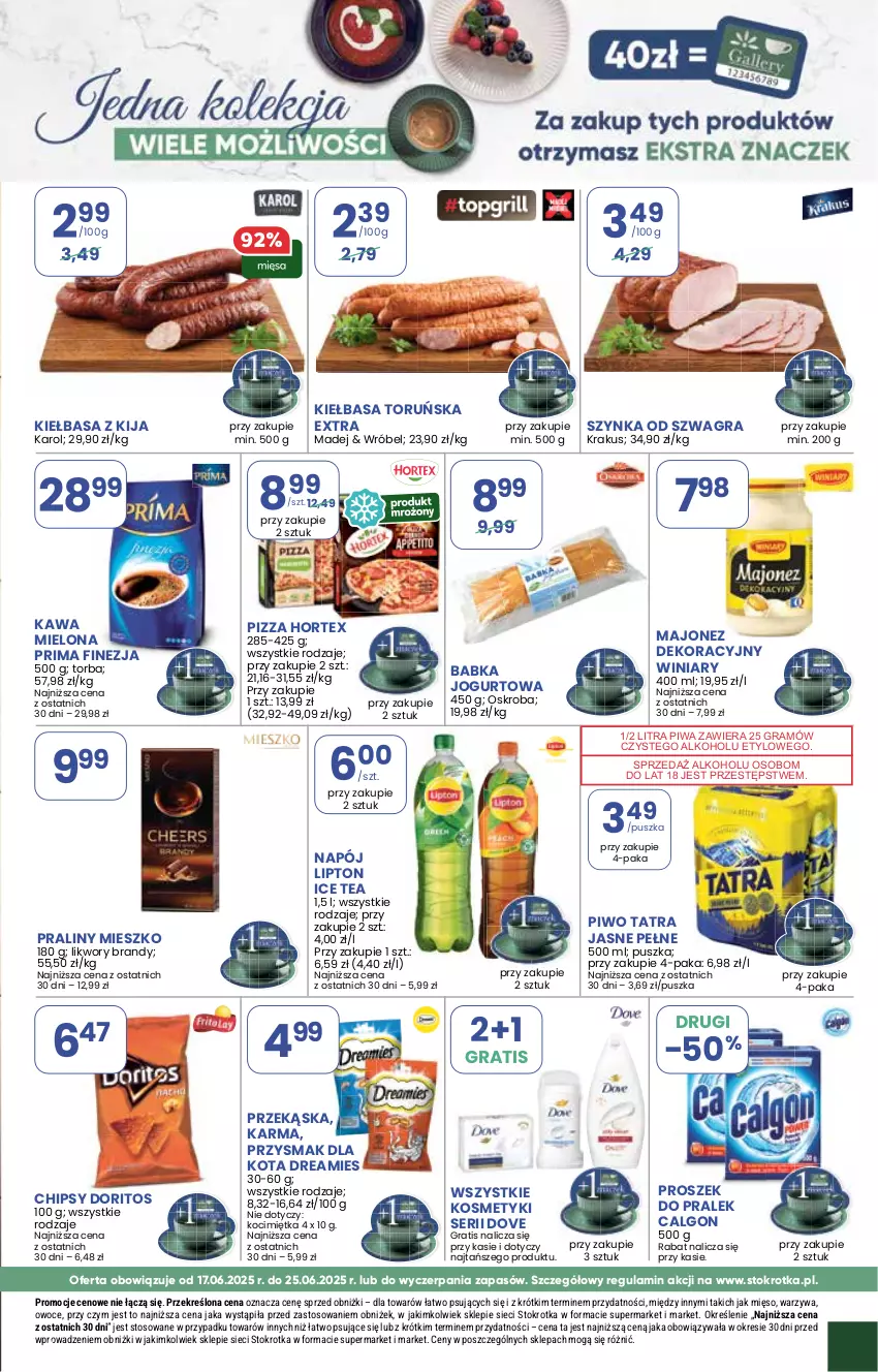 Gazetka promocyjna Stokrotka - Supermarket - ważna 17.06 do 25.06.2025 - strona 12 - produkty: Babka, Brandy, Calgon, Chipsy, Dove, Gra, Hortex, Ice tea, Jogurt, Kawa, Kawa mielona, Kiełbasa, Koc, Krakus, LG, Lipton, Majonez, Mięso, Napój, Owoce, Piwa, Piwo, Pizza, Praliny, Prima, Przysmak dla kota, Ser, Szynka, Tatra, Torba, Warzywa, Winiary