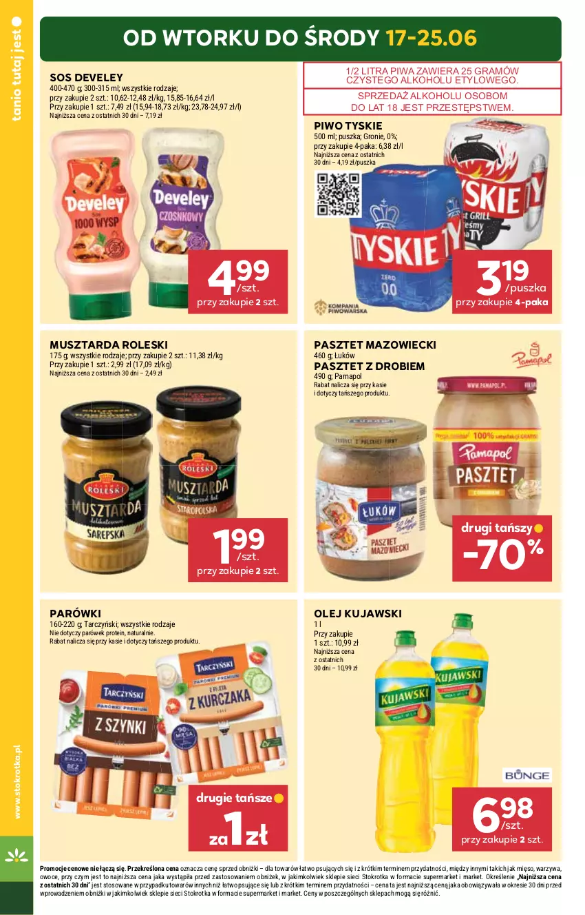 Gazetka promocyjna Stokrotka - Supermarket - ważna 17.06 do 25.06.2025 - strona 2 - produkty: Gra, Kujawski, Mięso, Mus, Musztarda, Olej, Owoce, Parówki, Pasztet, Piwa, Piwo, Sos, Tarczyński, Tyskie, Warzywa