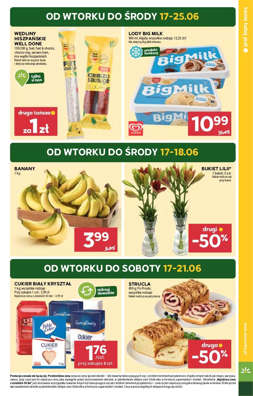 Gazetka promocyjna Stokrotka - Supermarket - ważna 17.06 do 25.06.2025 - strona 3 - produkty: Algida, Banany, Big Milk, Bukiet, Cukier, LG, Lody, Mięso, Owoce, Ser, Strucla, Warzywa
