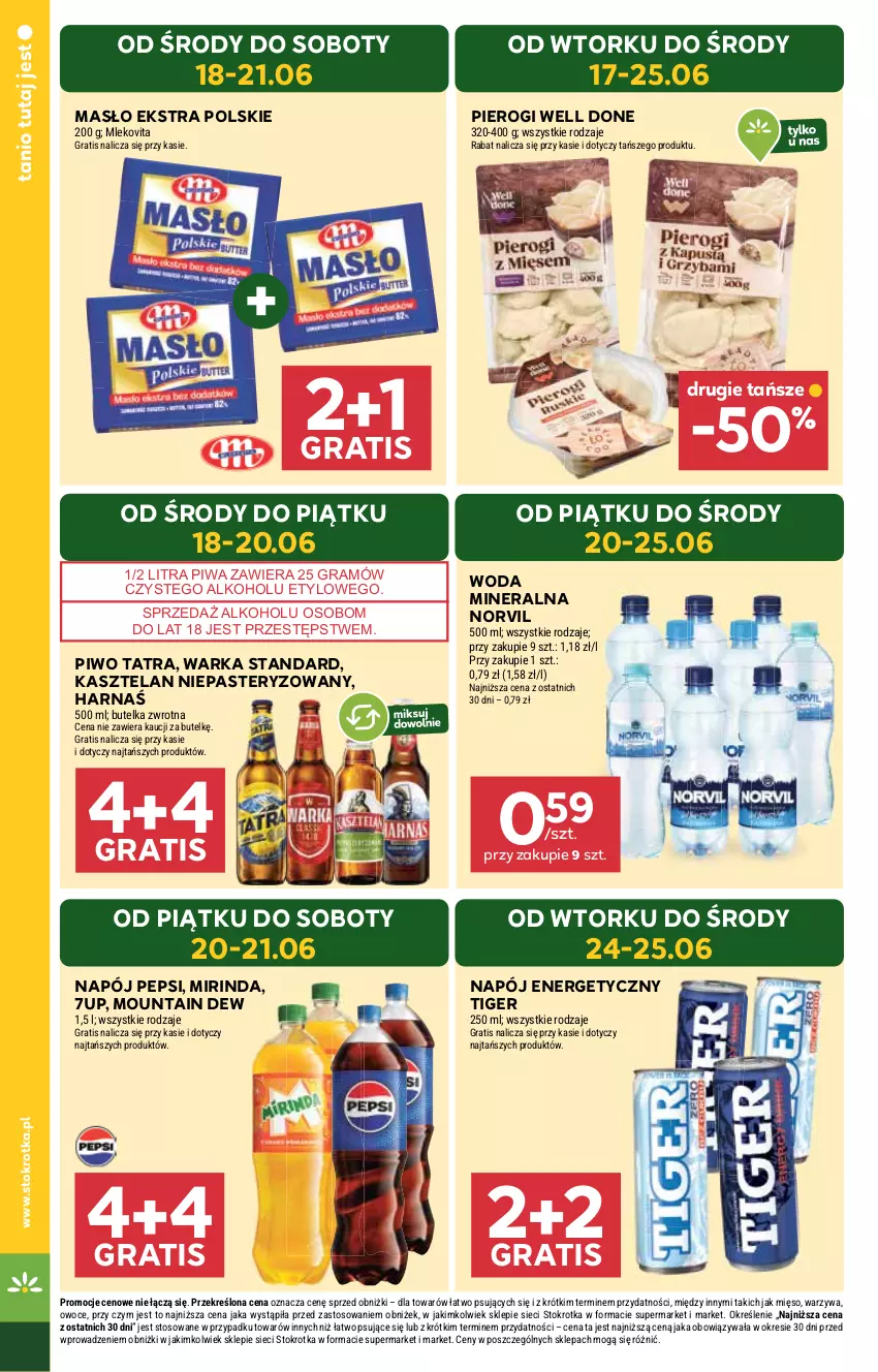 Gazetka promocyjna Stokrotka - Supermarket - ważna 17.06 do 25.06.2025 - strona 4 - produkty: 7up, Gra, Harnaś, Kasztelan, Masło, Mięso, Mirinda, Mleko, Mlekovita, Napój, Napój energetyczny, Owoce, Pepsi, Pierogi, Piwa, Piwo, Tatra, Tiger, Warka, Warzywa, Woda, Woda mineralna