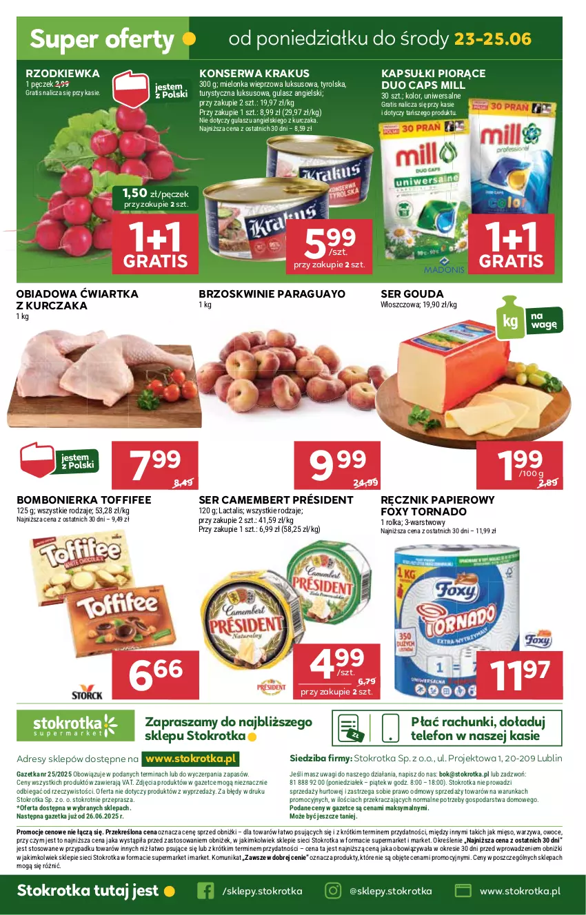 Gazetka promocyjna Stokrotka - Supermarket - ważna 17.06 do 25.06.2025 - strona 40 - produkty: Brzoskwinie, Camembert, Dres, Foxy, Gouda, Gra, JBL, Krakus, Kurczak, Mięso, O nas, Owoce, Papier, Président, Ręcznik, Rzodkiewka, Ser, Telefon, Toffifee, Wagi, Warzywa