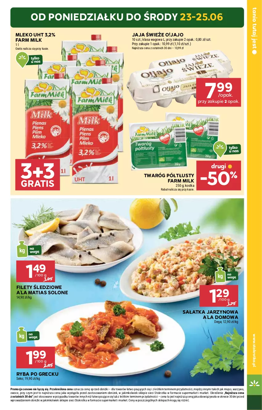 Gazetka promocyjna Stokrotka - Supermarket - ważna 17.06 do 25.06.2025 - strona 5 - produkty: Dega, Fa, Farm Milk, Gra, Jaja, Mięso, Mleko, Owoce, Ryba, Ryba po grecku, Sałat, Sałatka, SEKO, Twaróg, Twaróg półtłusty, Warzywa