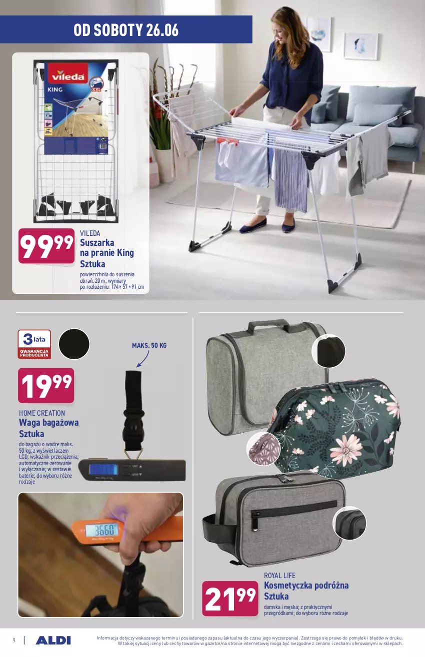 Gazetka promocyjna Aldi - OKAZJE DLA CIEBIE I DOMU - ważna 23.06 do 27.06.2021 - strona 9 - produkty: Kosmetyczka, O Bag, Suszarka, Suszarka na pranie, Vileda, Waga