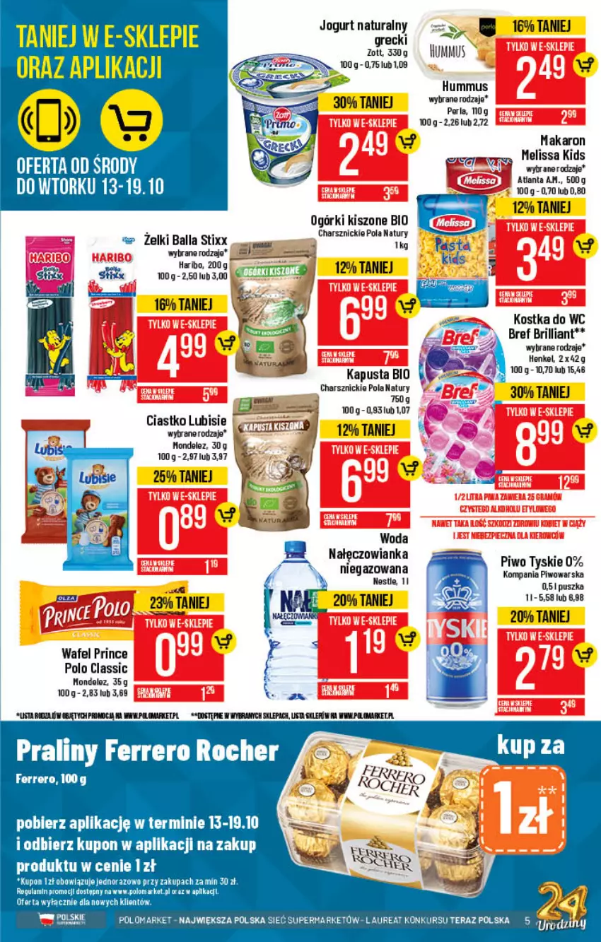 Gazetka promocyjna PoloMarket - Gazetka pomocyjna - ważna 13.10 do 19.10.2021 - strona 5 - produkty: Bref, Ferrero, Ferrero Rocher, Hummus, Jogurt, Jogurt naturalny, Kostka do wc, Laur, Makaron, Mus, Nałęczowianka, Piwo, Praliny, Prince Polo, Tera, Tyskie, Woda, Zott