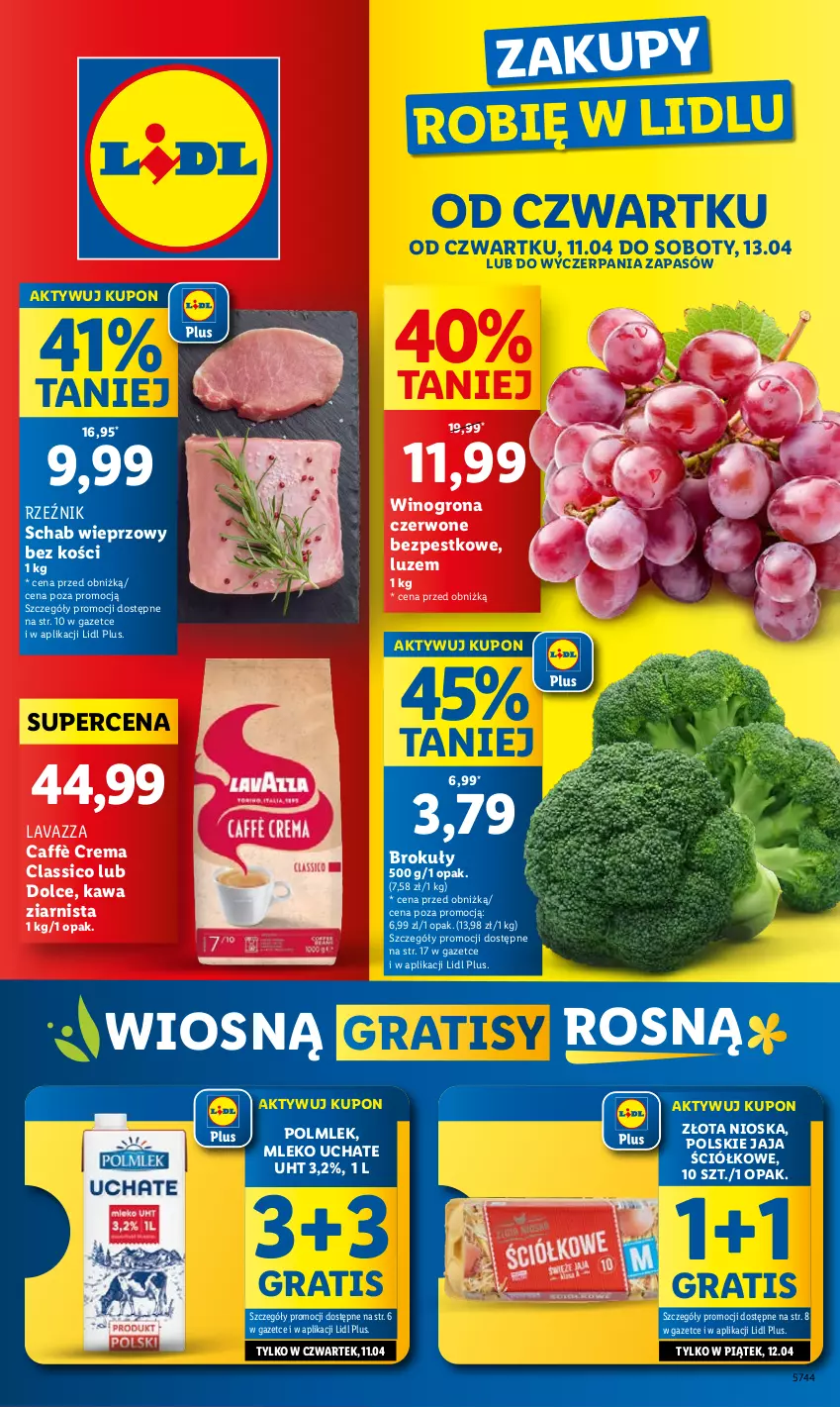 Gazetka promocyjna Lidl - GAZETKA - ważna 11.04 do 13.04.2024 - strona 1 - produkty: Brokuły, Gra, Jaja, Kawa, Kawa ziarnista, Lavazza, Mleko, POLMLEK, Schab wieprzowy, Wino, Winogrona