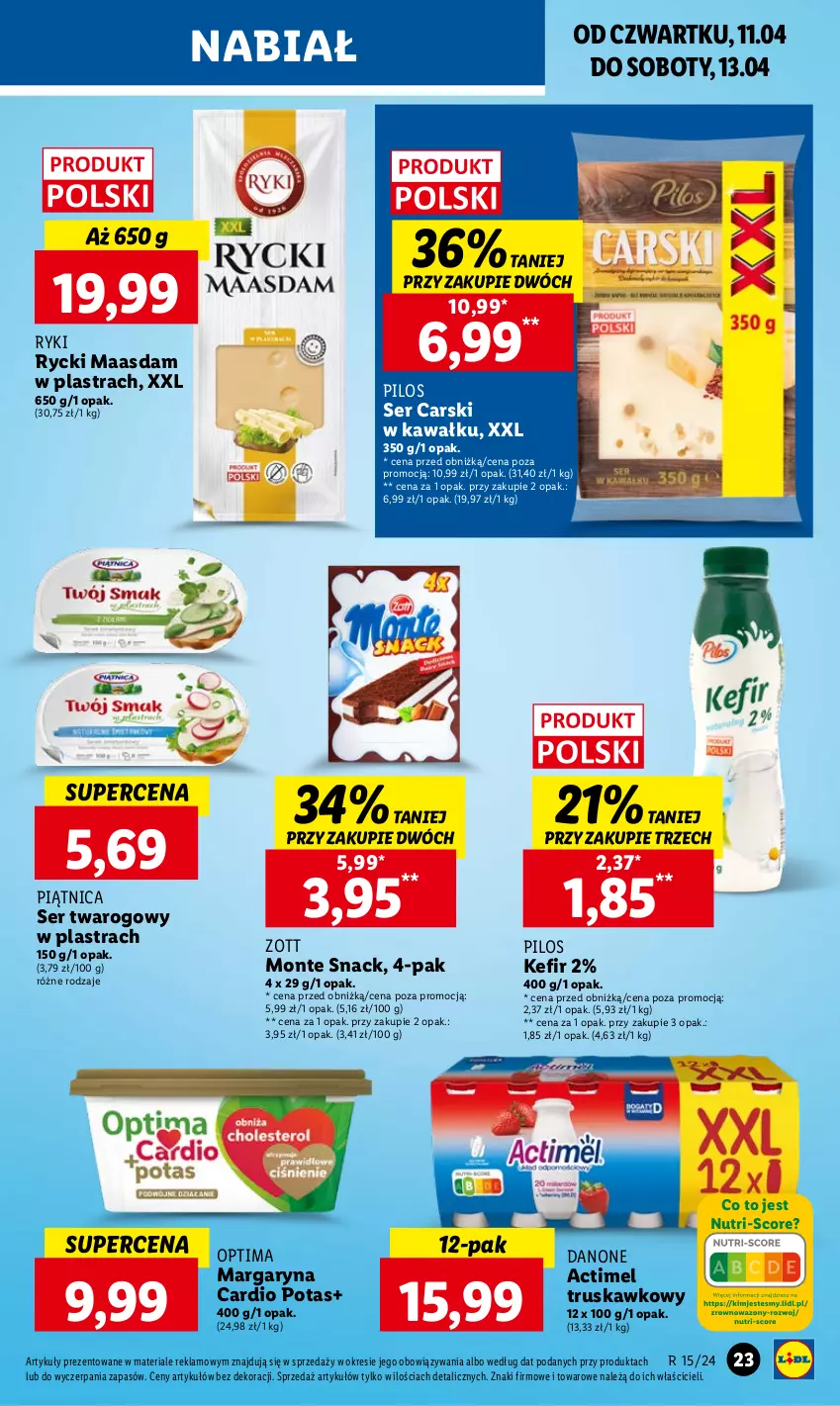 Gazetka promocyjna Lidl - GAZETKA - ważna 11.04 do 13.04.2024 - strona 25 - produkty: Actimel, Cars, Danone, Kawa, Kefir, Maasdam, Margaryna, Monte, Optima, Piątnica, Pilos, Ser, Ser twarogowy, Zott