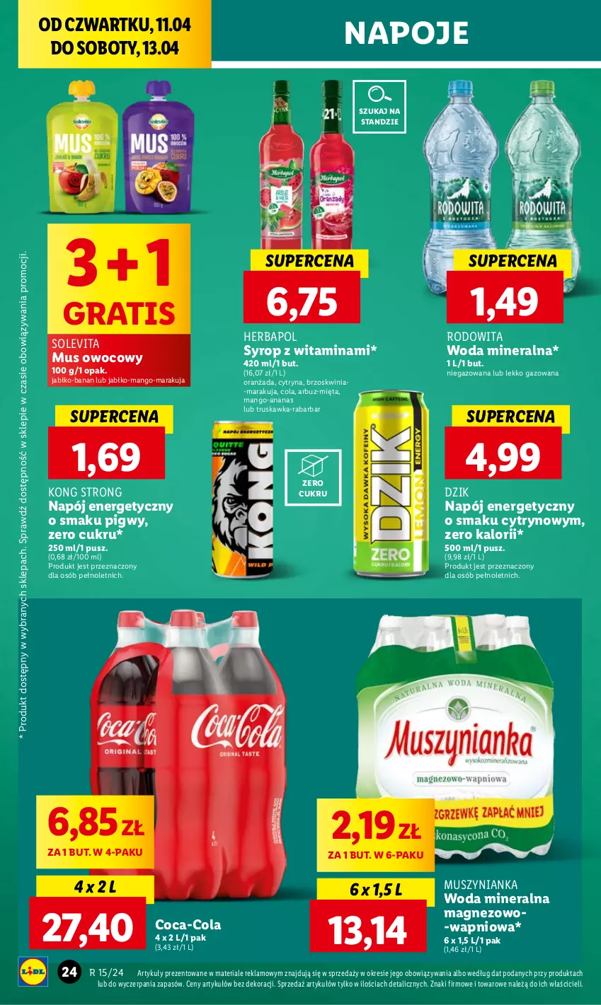 Gazetka promocyjna Lidl - GAZETKA - ważna 11.04 do 13.04.2024 - strona 26 - produkty: Ananas, Arbuz, Coca-Cola, Gra, Herbapol, Magnez, Mango, Mięta, Mus, Muszynianka, Napój, Napój energetyczny, Napoje, Oranżada, Syrop, Woda, Woda mineralna