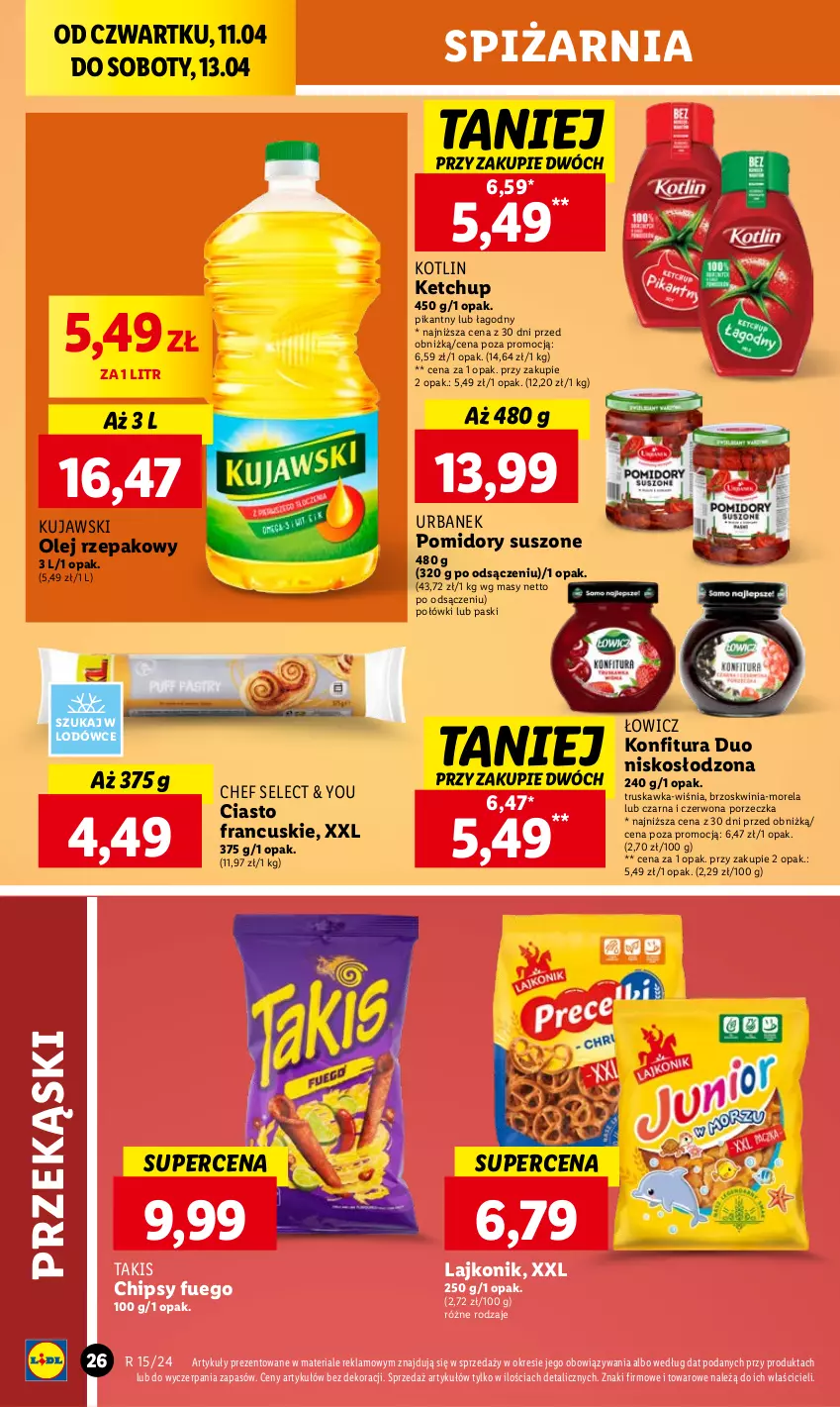 Gazetka promocyjna Lidl - GAZETKA - ważna 11.04 do 13.04.2024 - strona 30 - produkty: Chipsy, Ciasto francuskie, Ketchup, Konfitura, Kotlin, Kujawski, Lajkonik, Morela, Olej, Olej rzepakowy, Pomidory, Por