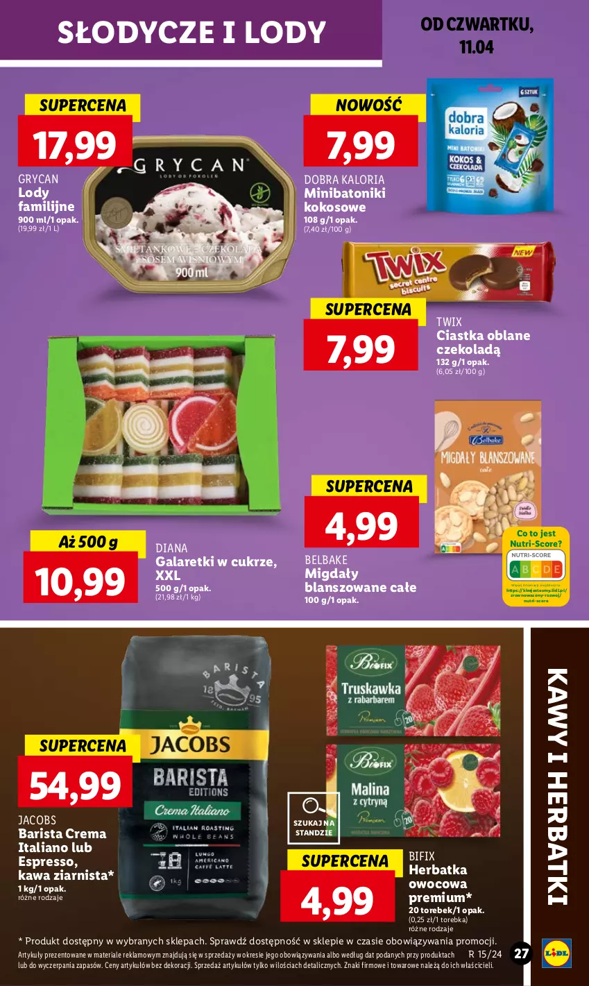 Gazetka promocyjna Lidl - GAZETKA - ważna 11.04 do 13.04.2024 - strona 31 - produkty: Baton, Ciastka, Fa, Gala, Galaretki, Gry, Jacobs, Kawa, Kawa ziarnista, Kokos, Lody, Migdały, Tonik, Torebka, Twix, Wazon