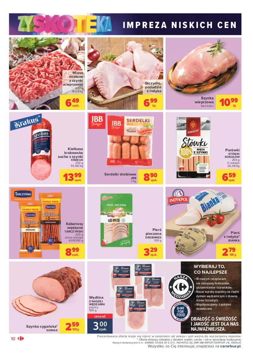 Gazetka promocyjna Carrefour - Gazetka Market Zyskoteka - ważna 26.10 do 07.11.2021 - strona 10 - produkty: Bianka, Drobimex, Kabanos, Kiełbasa, Kiełbasa krakowska, Krakus, Mięso, Mięso mielone, Mięso mielone z szynki, NOWAK, Parówki, Piec, Por, Ser, Serdelki, Sok, Sokołów, Sport, Szynka, Szynka cygańska, Szynka wieprzowa, Tarczyński, Wędlina