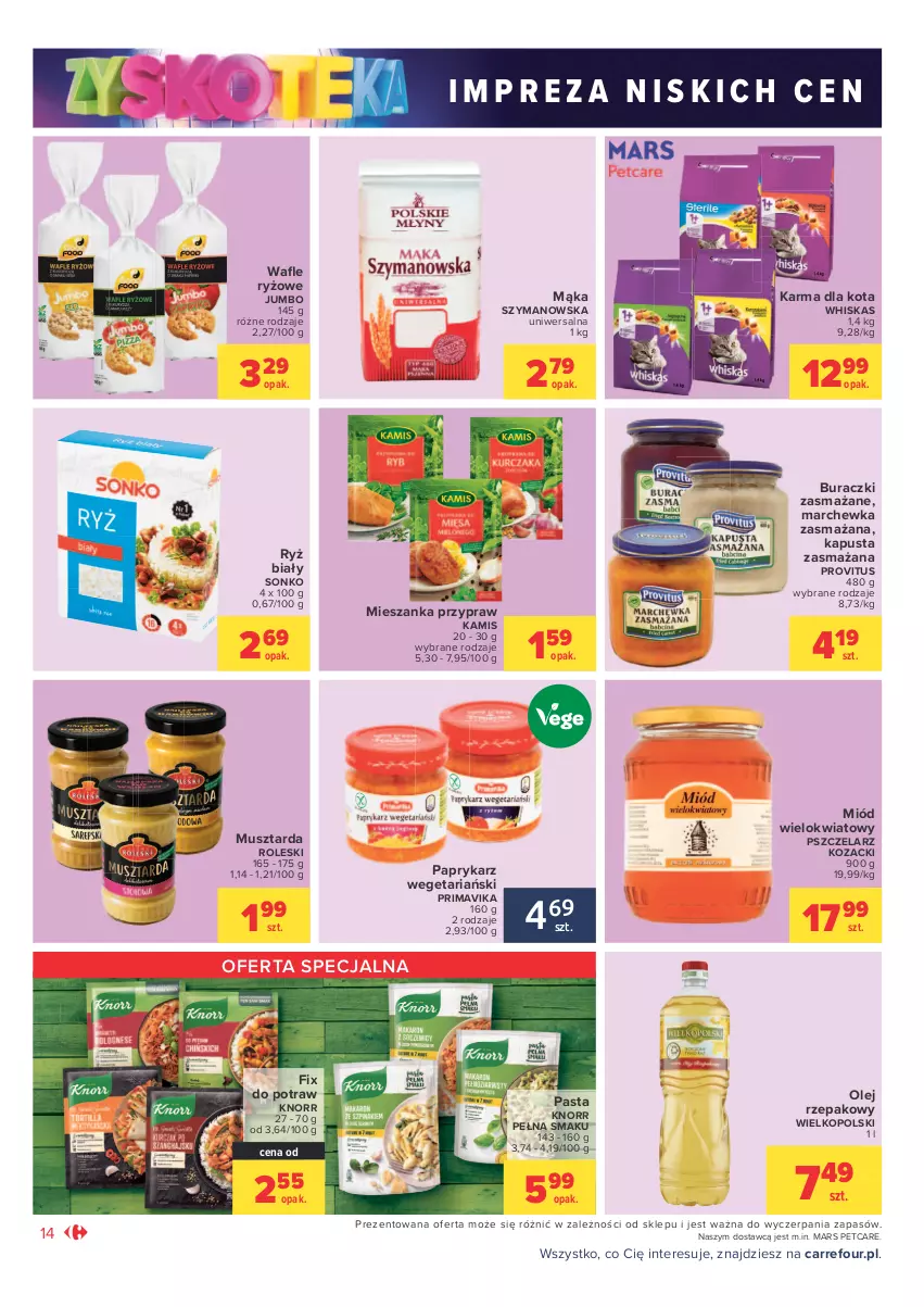 Gazetka promocyjna Carrefour - Gazetka Market Zyskoteka - ważna 26.10 do 07.11.2021 - strona 14 - produkty: Buraczki, Kamis, Knorr, Mąka, Marchewka, Mars, Miód, Mus, Musztarda, Olej, Olej rzepakowy, Papryka, Paprykarz, Prima, Primavika, Ryż, Ryż biały, Sonko, Whiskas