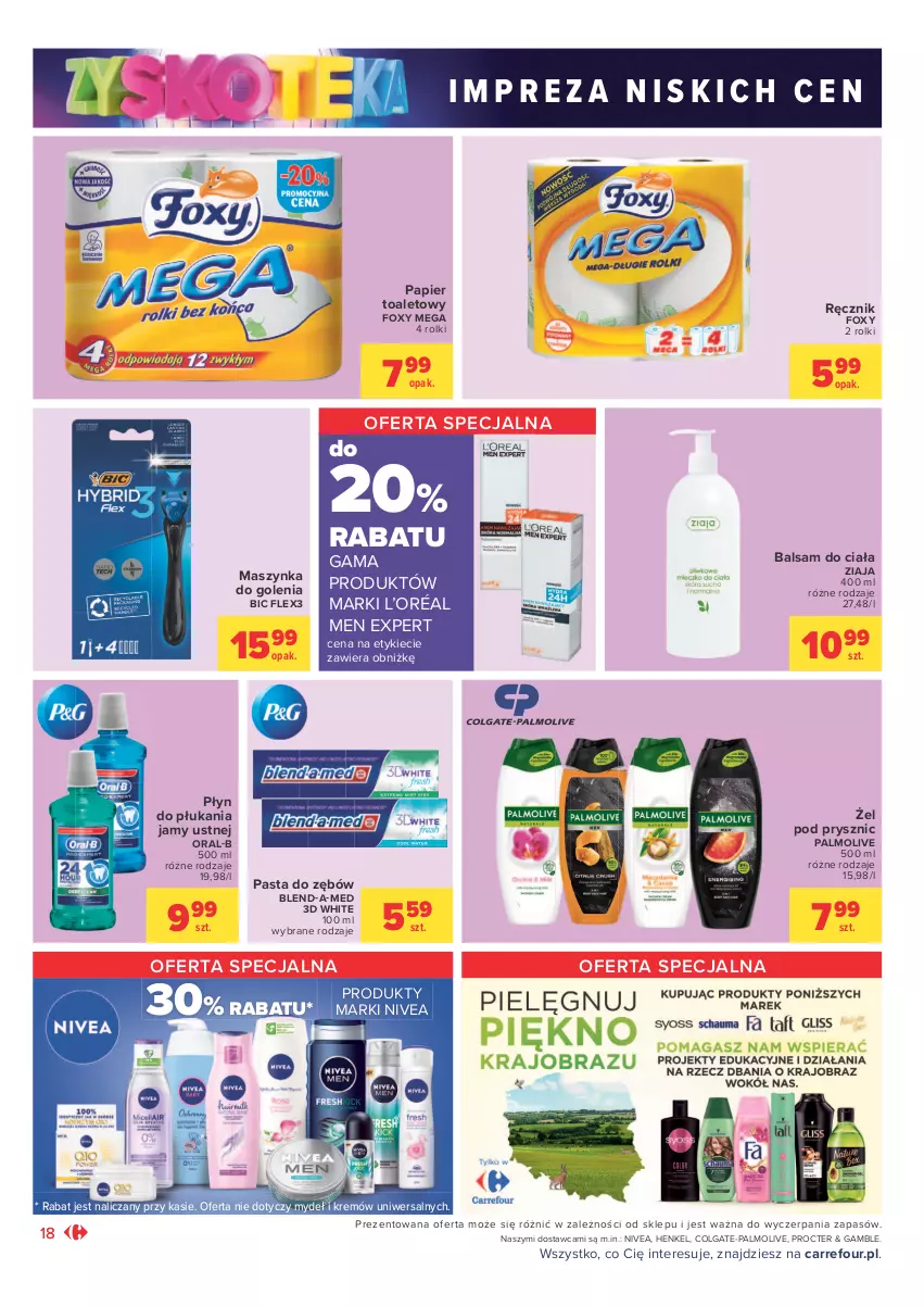 Gazetka promocyjna Carrefour - Gazetka Market Zyskoteka - ważna 26.10 do 07.11.2021 - strona 18 - produkty: Balsam do ciała, BIC, Blend-a-Med, Colgate, Foxy, L’Oréal, LG, Maszynka, Maszynka do golenia, Nivea, Palmolive, Papier, Papier toaletowy, Pasta do zębów, Płyn do płukania, Płyn do płukania jamy ustnej, Ręcznik, Rolki, Szynka, Ziaja