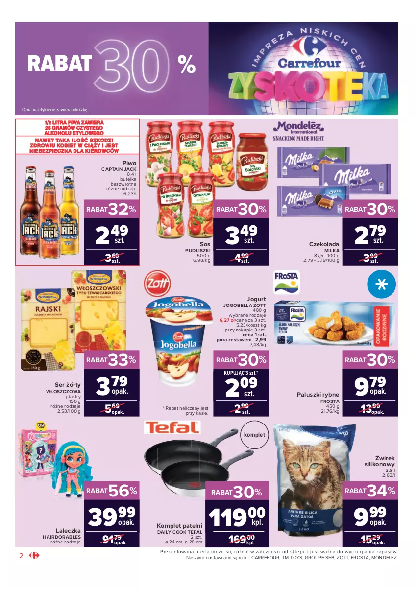 Gazetka promocyjna Carrefour - Gazetka Market Zyskoteka - ważna 26.10 do 07.11.2021 - strona 2 - produkty: Bell, Bella, Captain Jack, Czekolada, Fa, Frosta, Gra, Jogobella, Jogurt, Kosz, Milka, Paluszki rybne, Piec, Piwa, Piwo, Pudliszki, Ser, Sos, Tefal, Zott