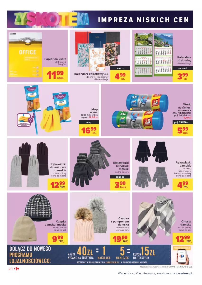 Gazetka promocyjna Carrefour - Gazetka Market Zyskoteka - ważna 26.10 do 07.11.2021 - strona 20 - produkty: Chusta, Czapka, Jan Niezbędny, Kalendarz, Mop, Papier, Papier do ksero, Ser, Worki na śmiec, Worki na śmieci