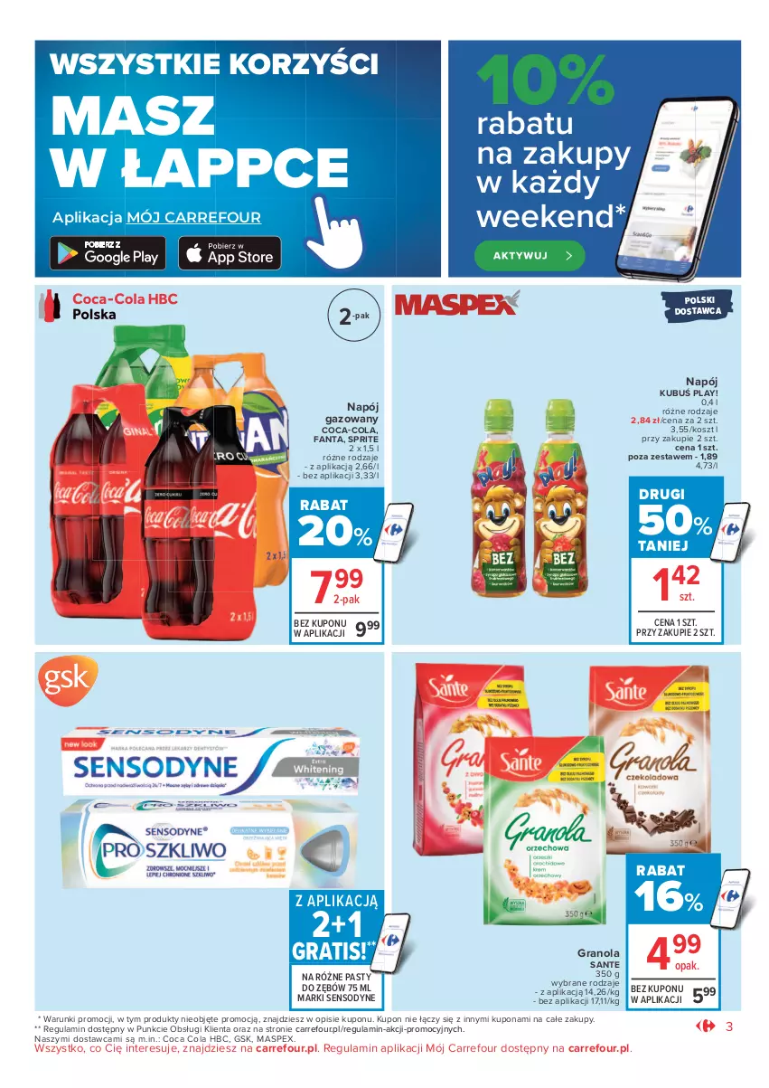 Gazetka promocyjna Carrefour - Gazetka Market Zyskoteka - ważna 26.10 do 07.11.2021 - strona 3 - produkty: Coca-Cola, Fa, Fanta, Gra, Granola, Kosz, Kubuś, Napój, Napój gazowany, Sante, Sensodyne, Sprite