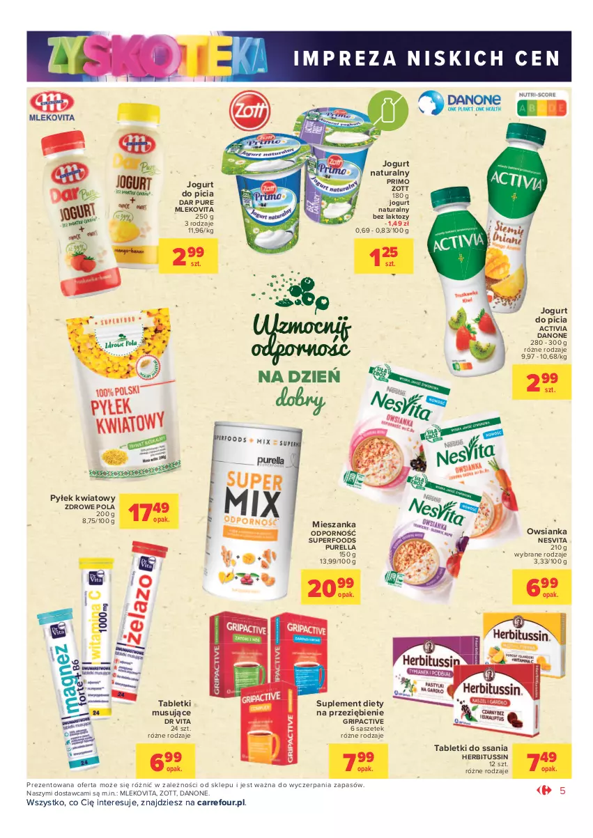 Gazetka promocyjna Carrefour - Gazetka Market Zyskoteka - ważna 26.10 do 07.11.2021 - strona 5 - produkty: Activia, Danone, Dr Vita, Jogurt, Jogurt naturalny, Mleko, Mlekovita, Mus, Owsianka, Por, Pur, Suplement diety, Tablet, Tabletki musujące, Zott