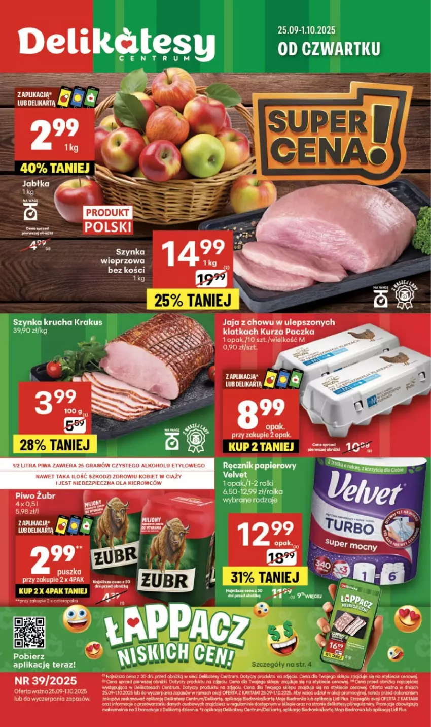 Gazetka promocyjna Delikatesy Centrum - Franczyza DC39 Czwartek - ważna 25.09 do 01.10.2025 - strona 1 - produkty: Dron, Gra, Jaja, Koc, Krakus, Orka, Piec, Piwa, Rama, Rolki, Rum, Szynka, Tera, Tran