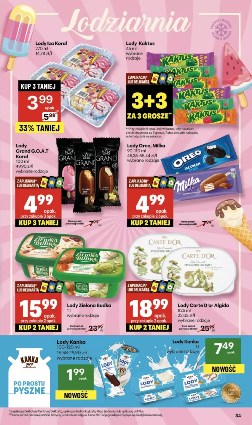 Gazetka promocyjna Delikatesy Centrum - Franczyza DC39 Czwartek - ważna 25.09 do 01.10.2025 - strona 34 - produkty: Algida, Carte d'Or, Dron, Gra, K2, Kaktus, LG, Lody, Milka, Oreo, Rum, Zielona Budka