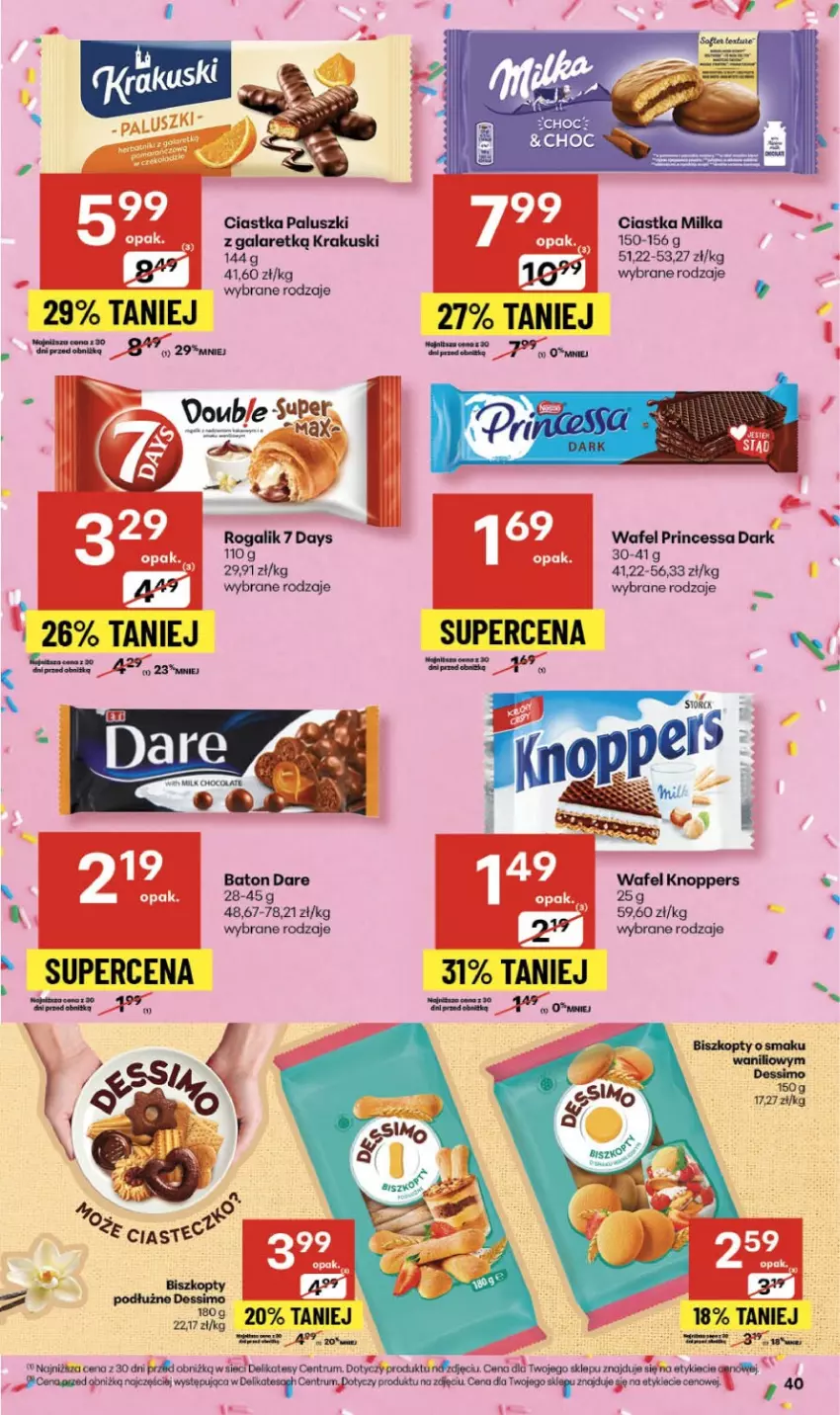 Gazetka promocyjna Delikatesy Centrum - Franczyza DC39 Czwartek - ważna 25.09 do 01.10.2025 - strona 40 - produkty: 7 Days, Baton, Biszkopty, Ciastka, Gala, Krakus, Krakuski, Milka, Princessa, Rogal, Rum