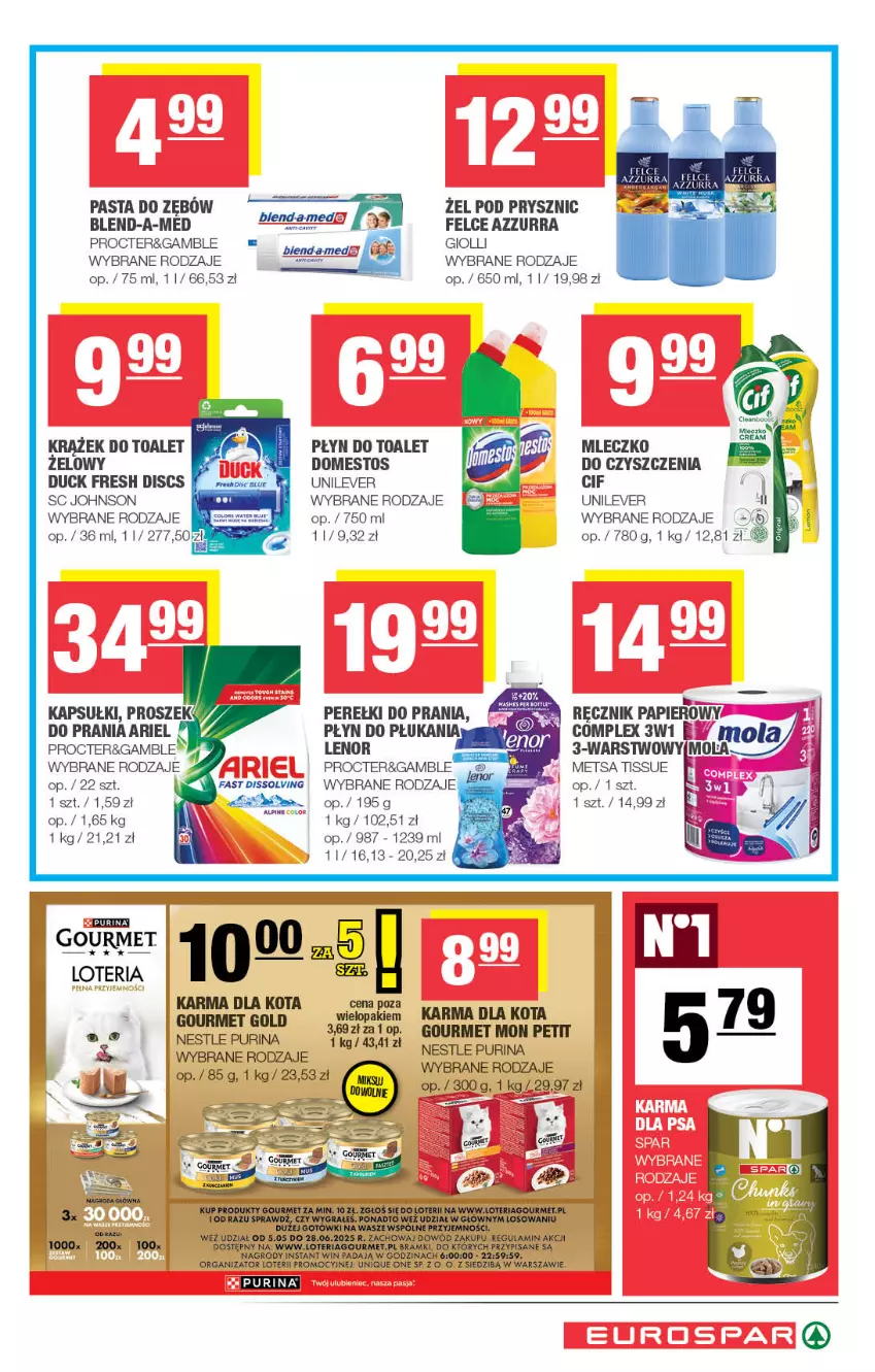 Gazetka promocyjna Spar - EuroSpar - ważna 01.06 do 11.06.2025 - strona 15 - produkty: Ariel, Blend-a-Med, Cif, Domestos, Duck, Fa, Gourmet Gold, Kaki, Lenor, Mleczko, Mola, Papier, Pasta do zębów, Płyn do płukania, Pur, Purina, Ręcznik