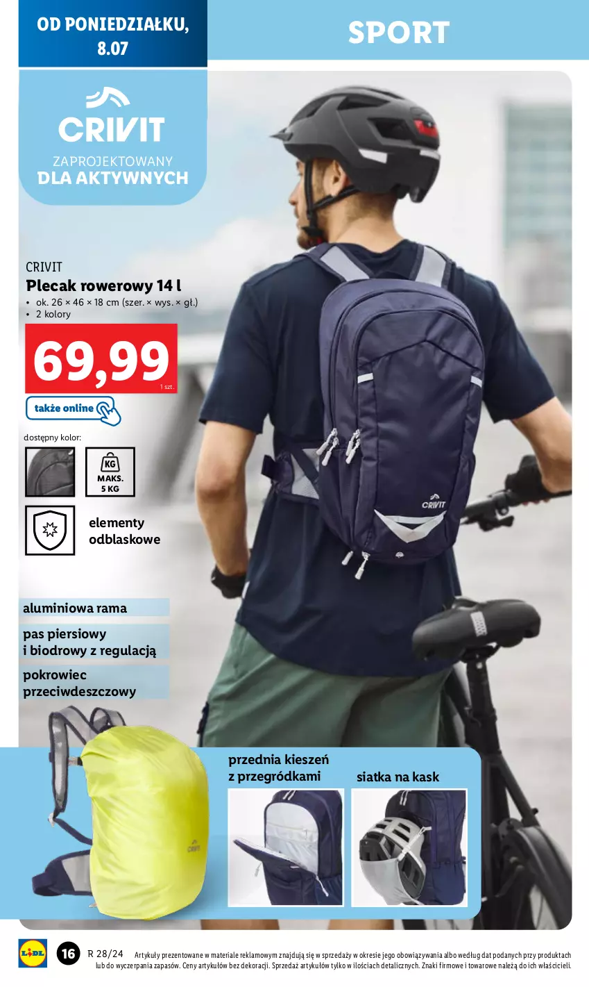 Gazetka promocyjna Lidl - GAZETKA - ważna 08.07 do 13.07.2024 - strona 18 - produkty: Kask, Plecak, Pokrowiec, Por, Rama, Rower, Siatka, Sport