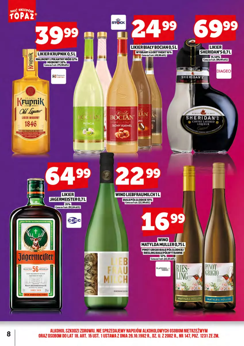 Gazetka promocyjna Topaz - Gazetka - ważna 01.02 do 28.02.2025 - strona 9 - produkty: Jagermeister, K2, Krupnik, Likier, Miód, Sheridan's, Top, Wino