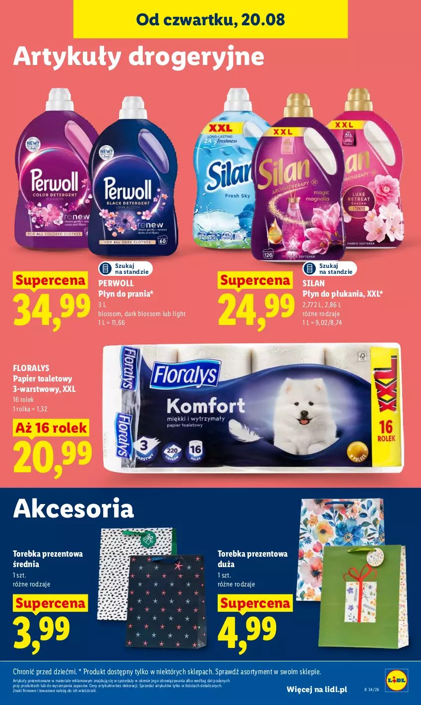 Gazetka promocyjna Lidl - Gazetka ważna od 20.08 do 22.08 - ważna 20.08 do 22.08.2026 - strona 95 - produkty: Flora, Papier, Papier toaletowy, Perwoll, Płyn do płukania, Płyn do prania, Silan, Torebka