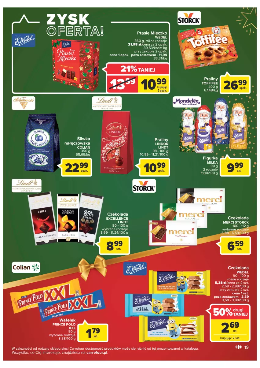 Gazetka promocyjna Carrefour - Gazetka Carrefour - ważna 19.12 do 24.12.2022 - strona 19 - produkty: Czekolada, ELEX, Kosz, LG, Lindor, Lindt, Merci, Milka, Praliny, Prince Polo, Toffifee, Wafelek