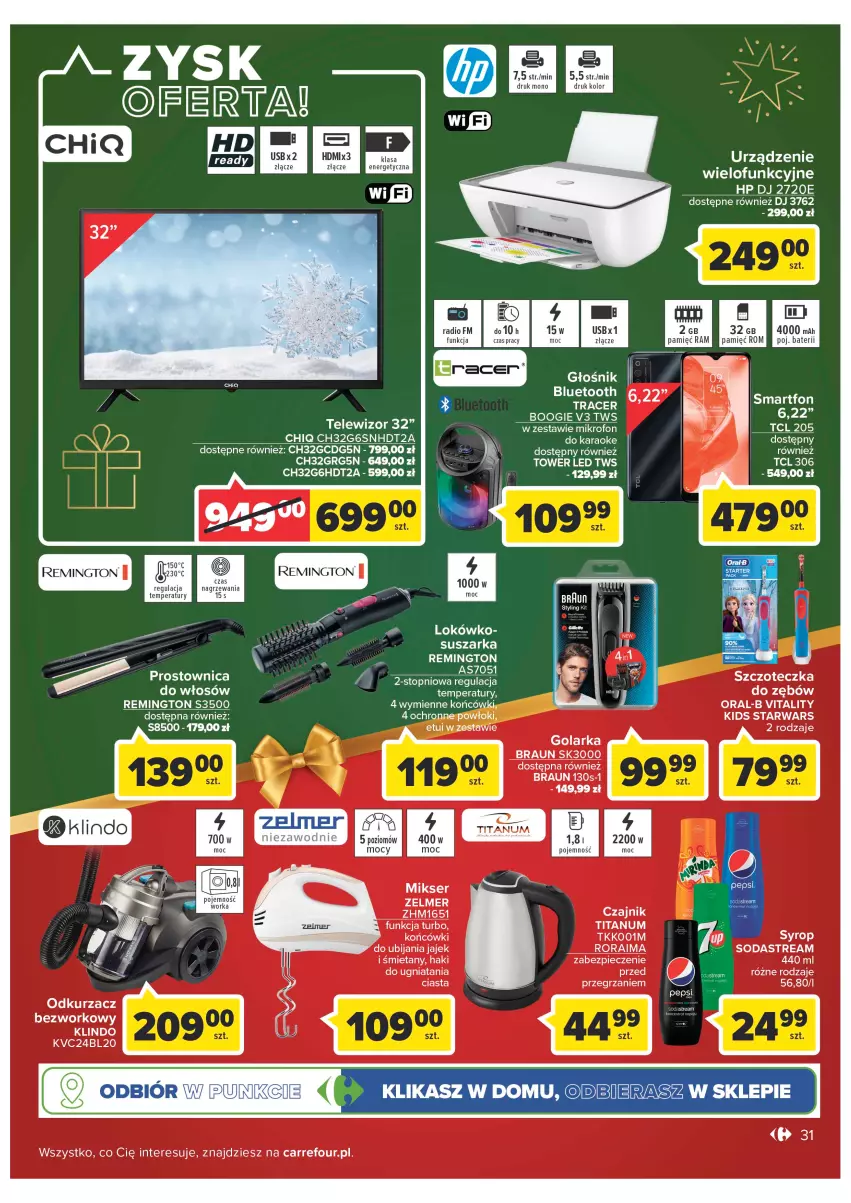 Gazetka promocyjna Carrefour - Gazetka Carrefour - ważna 19.12 do 24.12.2022 - strona 31 - produkty: Acer, Braun, Czajnik, Głośnik, Głośnik bluetooth, Golarka, HP, Odkurzacz, Piec, Prostownica do włosów, Remington, Smartfon, Suszarka, Szczoteczka, Szczoteczka do zębów, Telewizor, Top, Urządzenie wielofunkcyjne