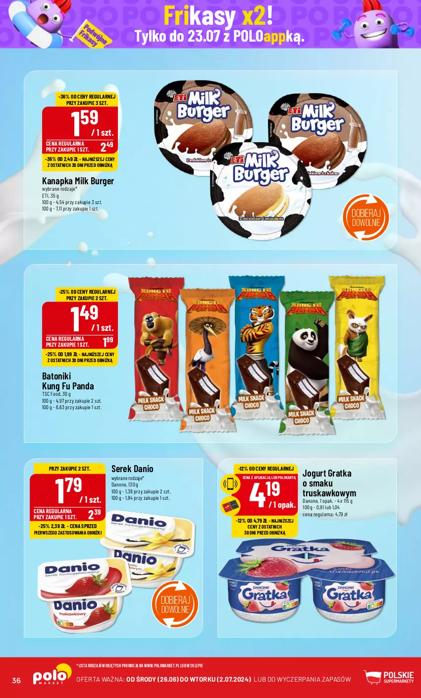 Gazetka promocyjna PoloMarket - Gazetka pomocyjna - ważna 26.06 do 02.07.2024 - strona 36 - produkty: Baton, Burger, Danio, Danone, Gra, Jogurt, Panda, Ser, Serek, Tonik